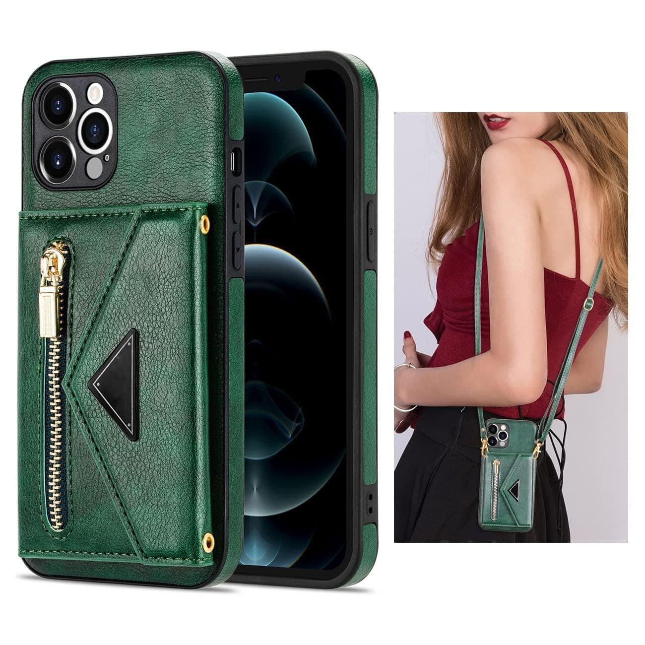 Hawtrytoa Triangle Crossbody Zipper Wallet Card Leather Case Suitable for iPhone 11/12/13/14/15/16 Pro Max with Free Lanyard (Green, for iPhone 16 Plus)