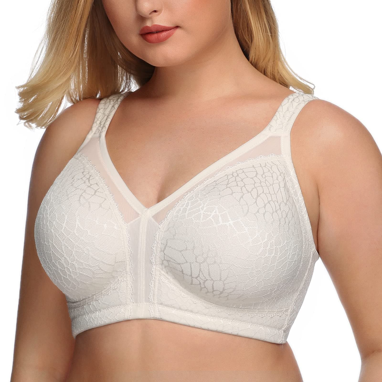 DotVol Women's Full Coverage Minimizer Bra Comfort Wirefree Non Padded Plus Size Everyday Bra(42C, White)