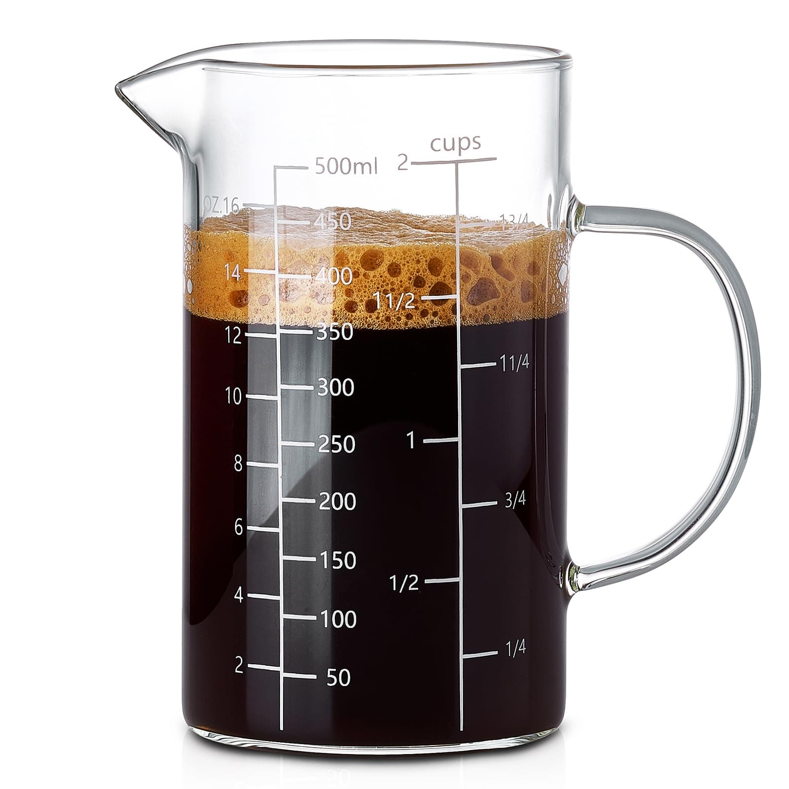 500ml 2 Cup Glass Liquid Measuring Cup with Handle, High Borosilicate Glass, Three Scales (OZ, Cup, ml/CC) for Kitchen or Restaurant, V Shaped Spout, Glass Measuring Cup, Easy to Read