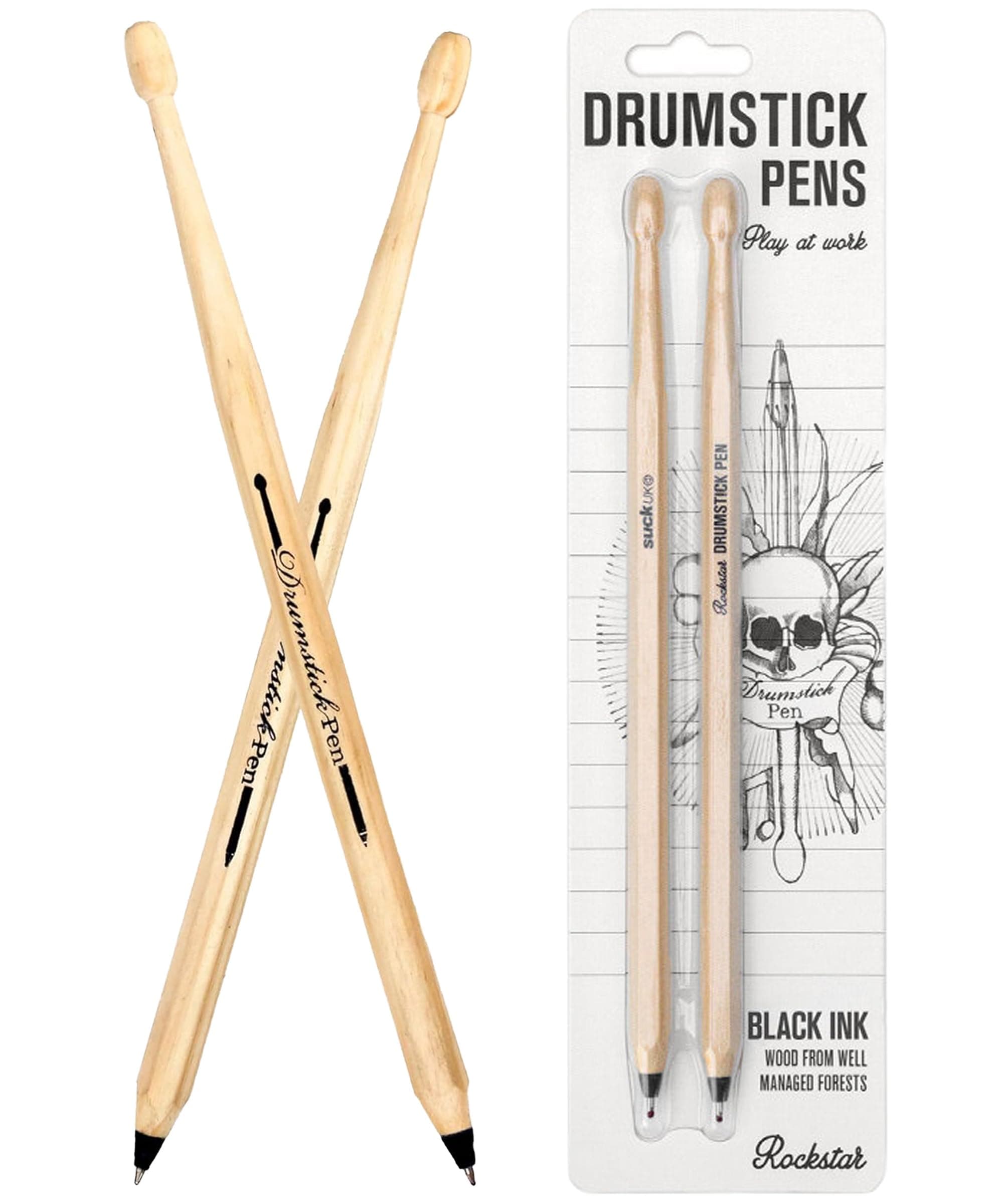 Suck UK Drumstick Pen - Drummer Gifts for Men - Gifts For Drummers - Drum Accessories - Wooden Drumstick Shaped Pen - Music Stationery Supplies - Cool Drum Kit Ballpoint Pens - Set of 2 Black