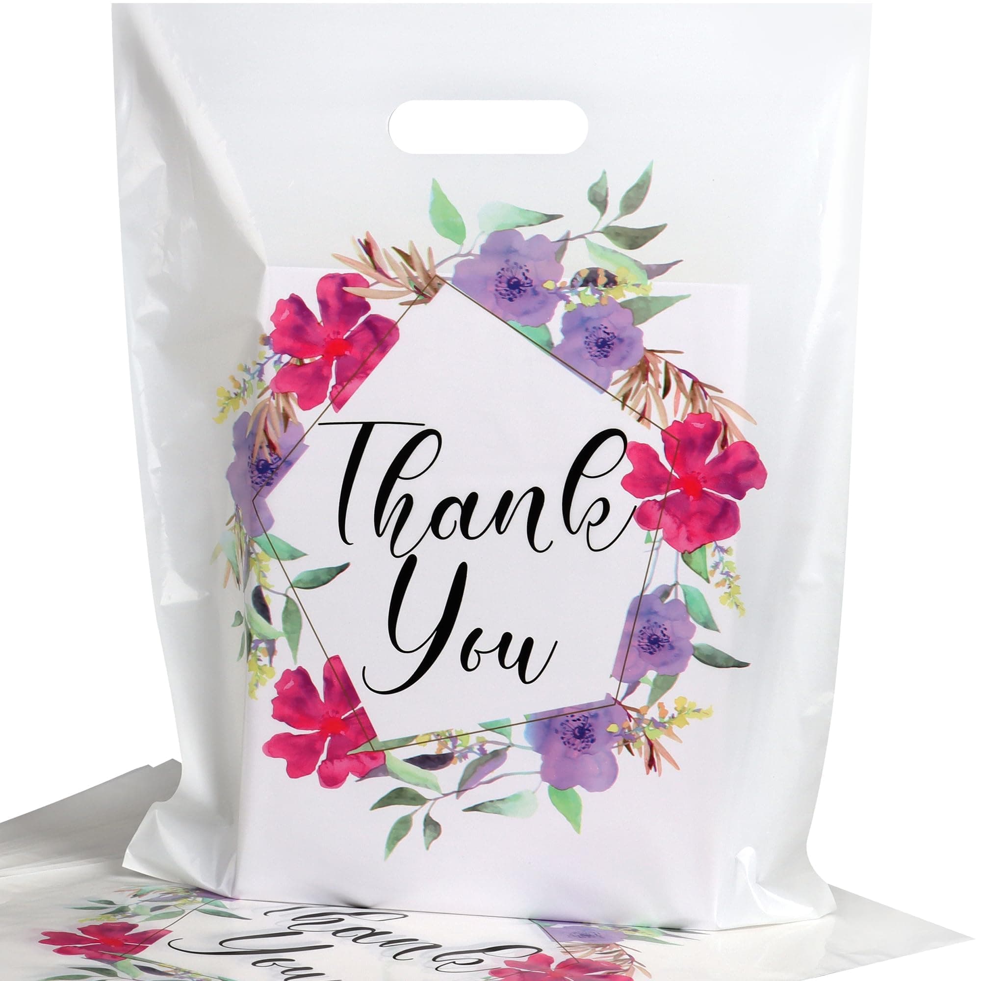 Floral Thank You Bags for Business Small, 100 PCS 12x15 Plastic Bags