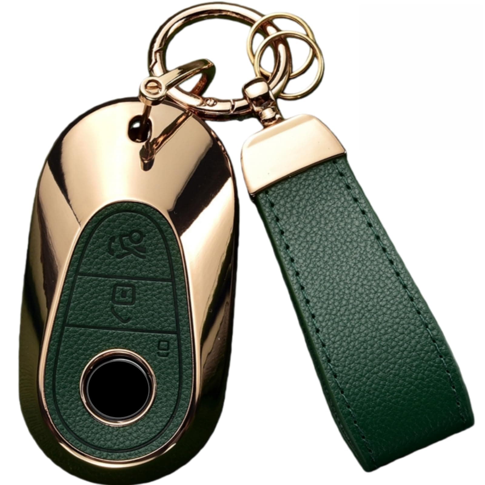 Axtrulix Key Fob Cover for Mercedes Benz with Key Chain, Upper Leather + Soft TPU Key Cover Case Shell for Mercedes C E S GLC CLE EQE EQS 300 350 450 500 560 580 AMG (Green)