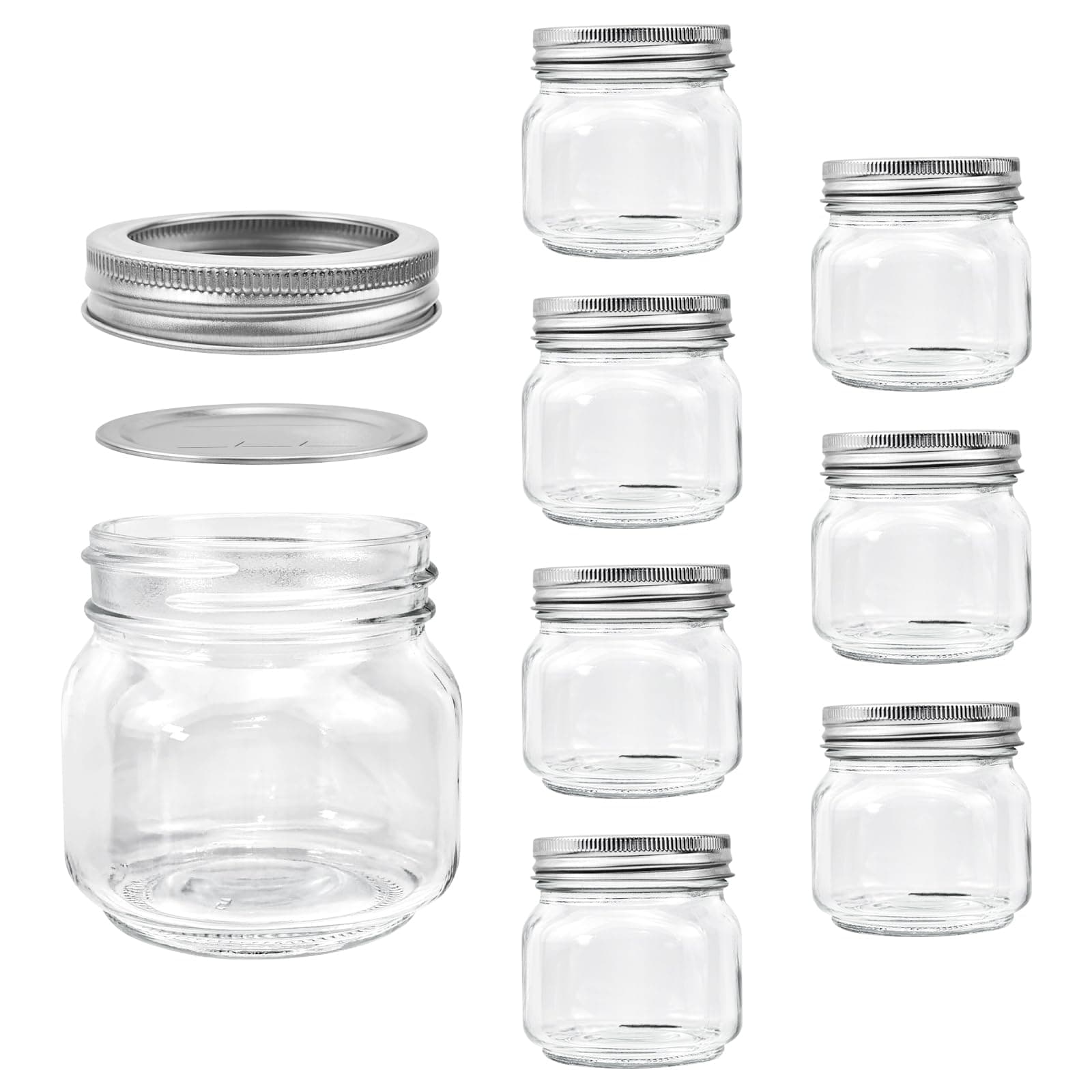 Neavessi 8 Pack 8 oz Mason Jars with Leak-proof Split-type Silver Lids,250ml Reusable Glass Jar Canning Jars for for Overnight Oats, Jam, Jelly, Honey, Beans, Spice, Fruits Storage or Homemade Gift