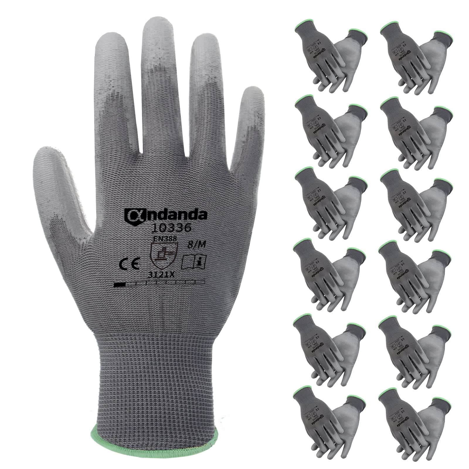 ANDANDA Seamless Knit Safety Gloves with PU Coating, Ideal for General Duty Work - 12 Pairs, Grey 9/Large