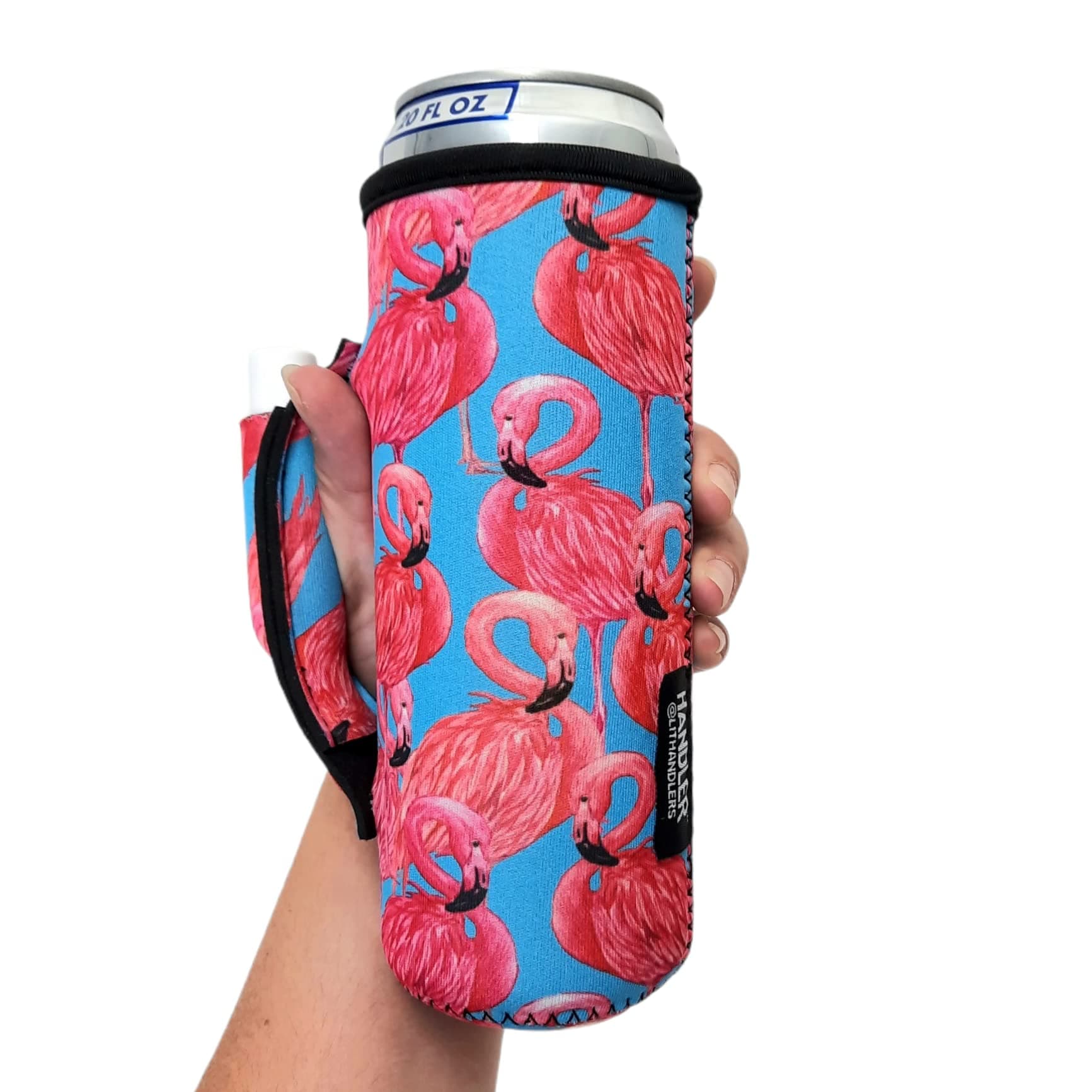 Lit Handlers Water Bottle Holder - Insulated, Leak-Proof, & Tear-Resistant 16 to 24 oz Soda Can Cover with Handle - Machine-Washable Neoprene Drink Cover with Unique Designs (Blue Flamingo)