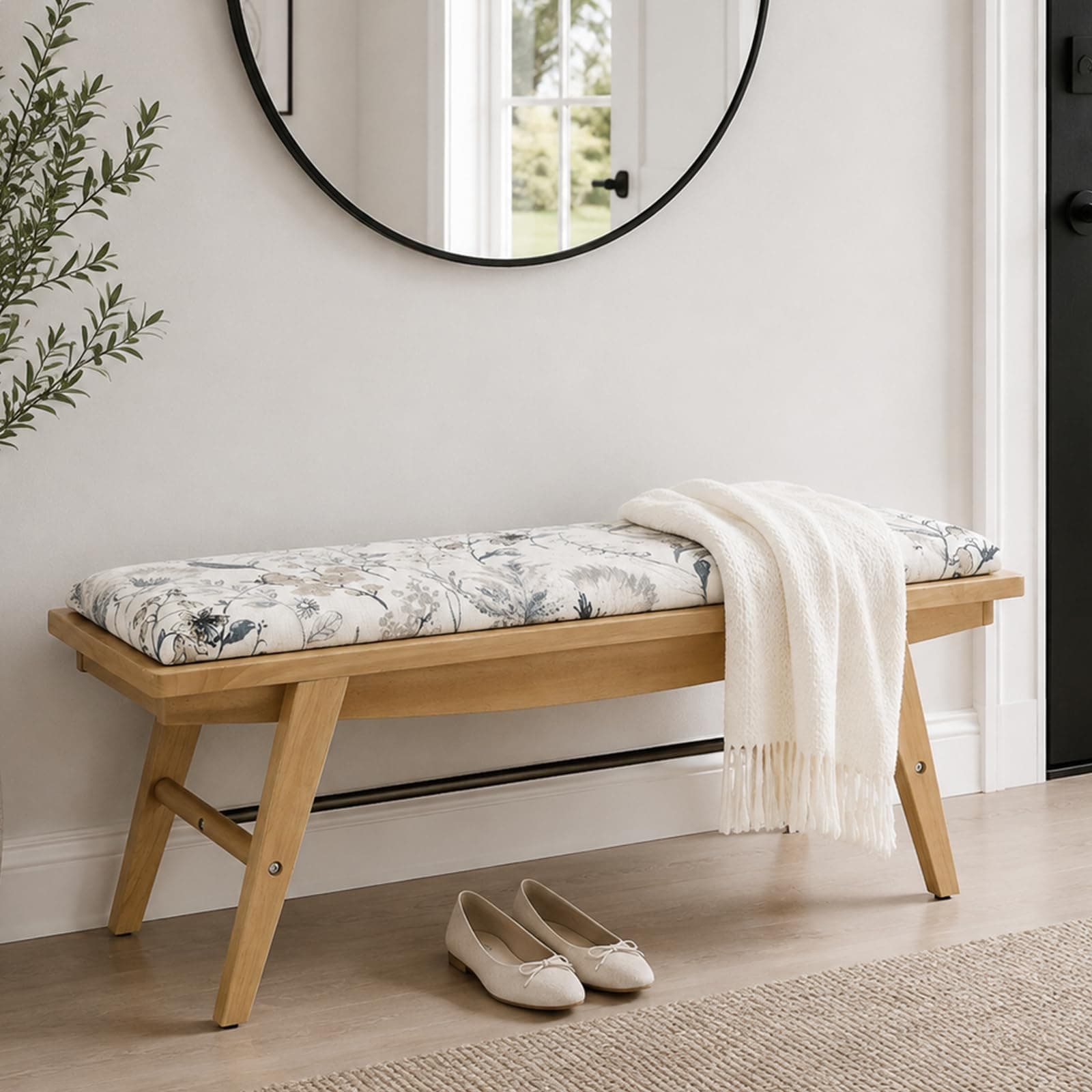 DM Furniture 43.5'' Entryway Bench Linen Upholstered Shoe Benches Farmhouse Dining Table Benches for for Hallway Living Room Bedroom End of Bed, Floral Pattern