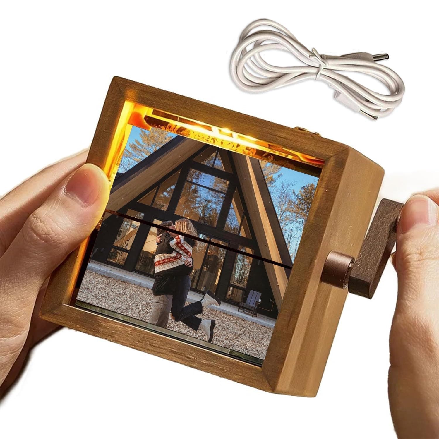 Custom Photo Flipbook Frame Animation Machine Mechanical Hand-cranked Flipbook Box with Light Animated Photos Album Custom Mechanical Picture Flip Book Frame for Wedding Anniversary (Natural Wood)