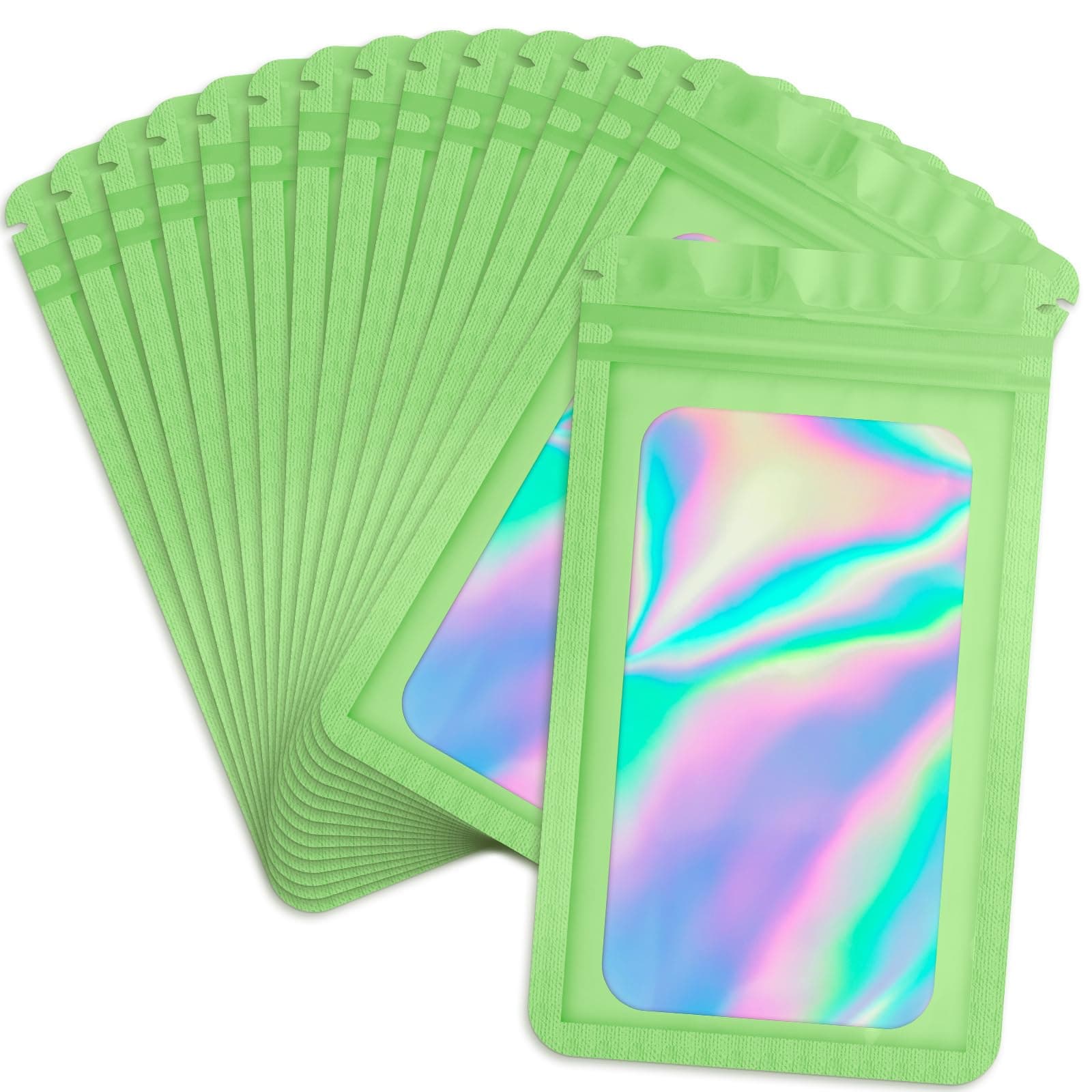 Durimoiy 100 pcs Green Holographic Bags Mylar Bags,Clear Seal Resealable Foil Pouch Zip Bag for Food Storage,Jewelry,Lash Packing for Small Business(3.5x6.3In)