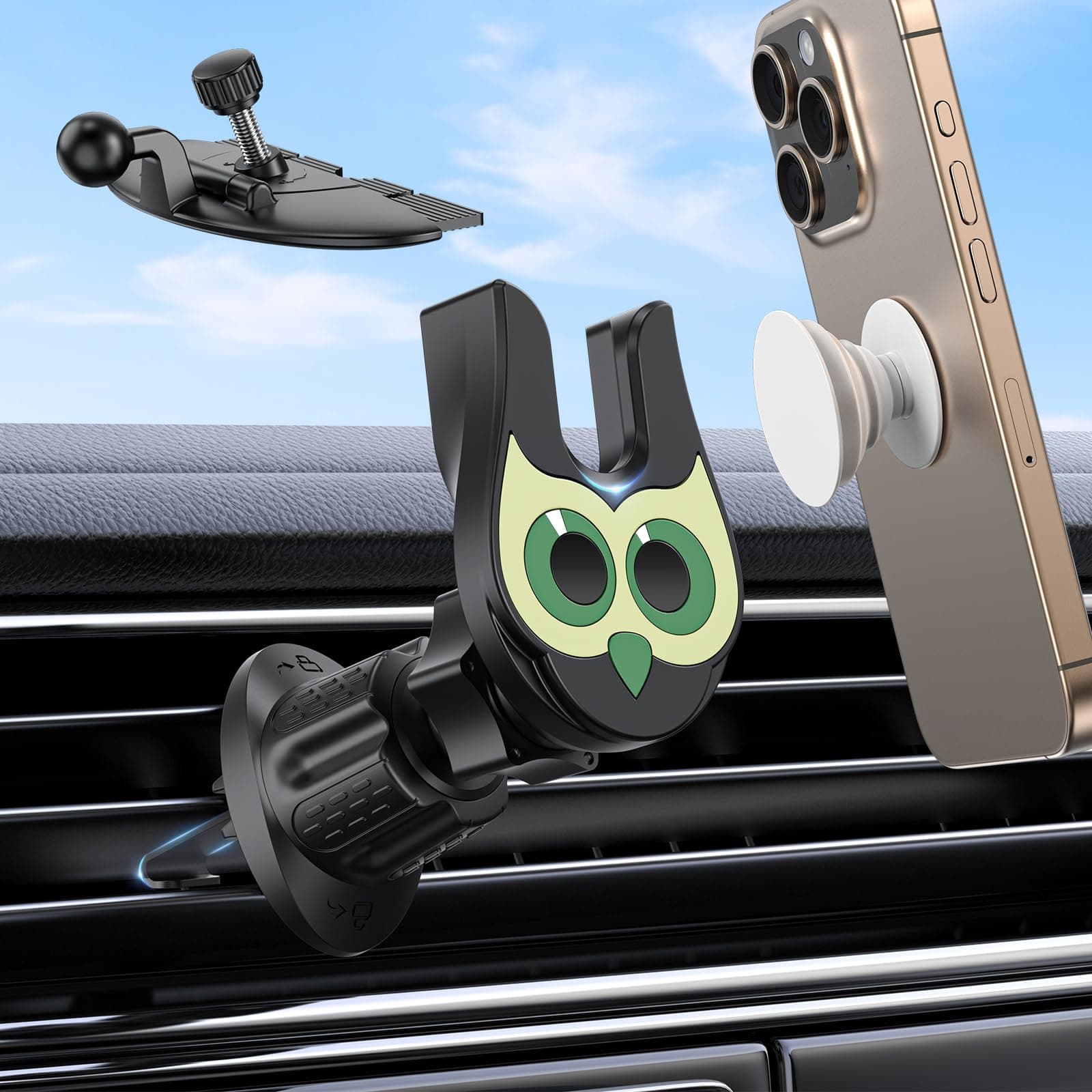 NiZiTOK Car Phone Mount for Socket Grip, 2-in-1 Owl CD Slot and Car Vent Phone Mount Tool-Free Installation, 360°Rotation Car Phone Holder Fit Phone with Socket Grip