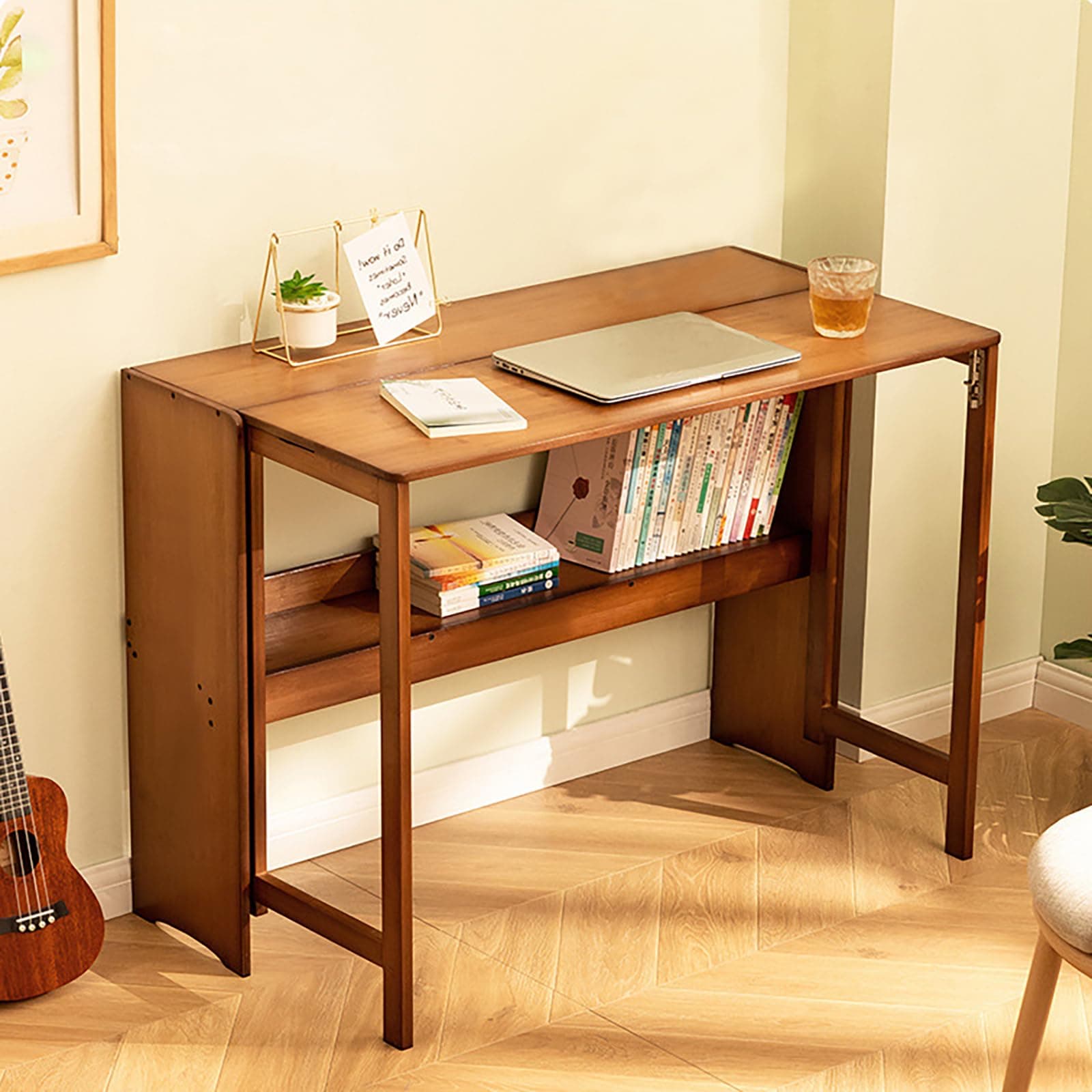 FFanhia Folding Computer Desk with Bookshelf Bamboo Portable Foldable Table for Writing, Studying, Gaming Folding Desk for Student Office