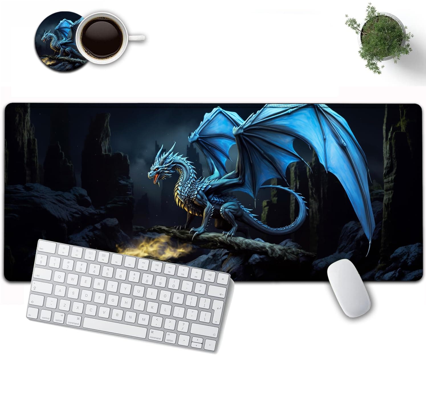 Large Mouse Pad, 31.5 x 11.8in Extended Gaming Mouse Pad with Stitched Edges, XXL Mousepad Protector Non Slip Rubber Base for Office and Home Writing Mat, Blue Flying Dragon Pattern Black Desk Mat