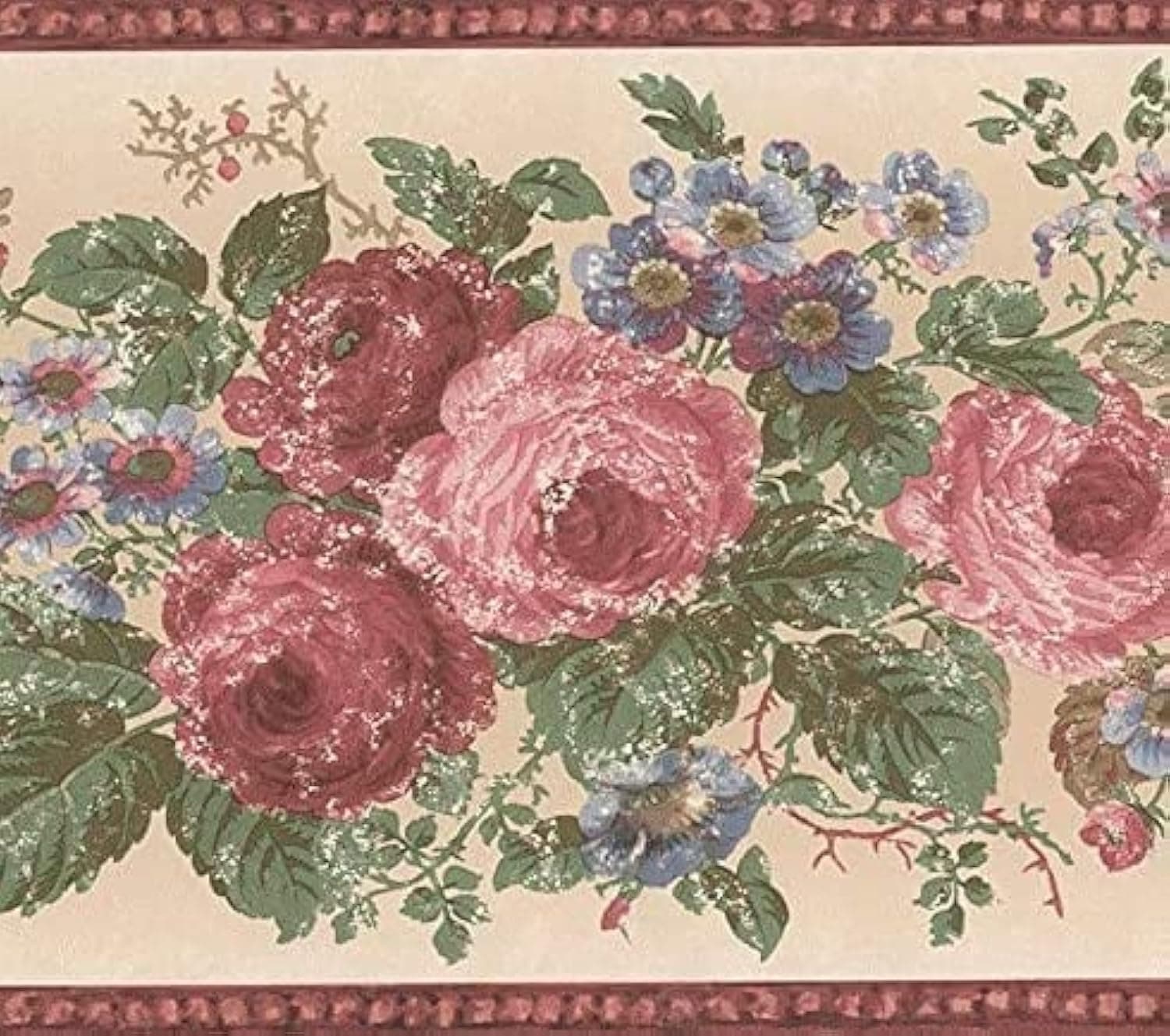 Concord Wallcoverings Wallpaper Border Floral Pattern Flowers Bouquet for Living Room Bedroom Cottage, Red Pink Beige, 15 ft by 7 in WD76831