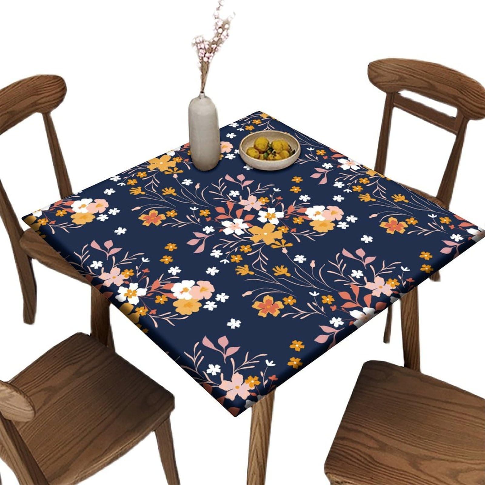 JKSER Floral Square Tablecloth Waterproof Fitted Table Cloth for Outdoor Indoor Picnic, Flower Print Wipeable Elastic Polyester Table Cover, Fits Tables up to 44" Square