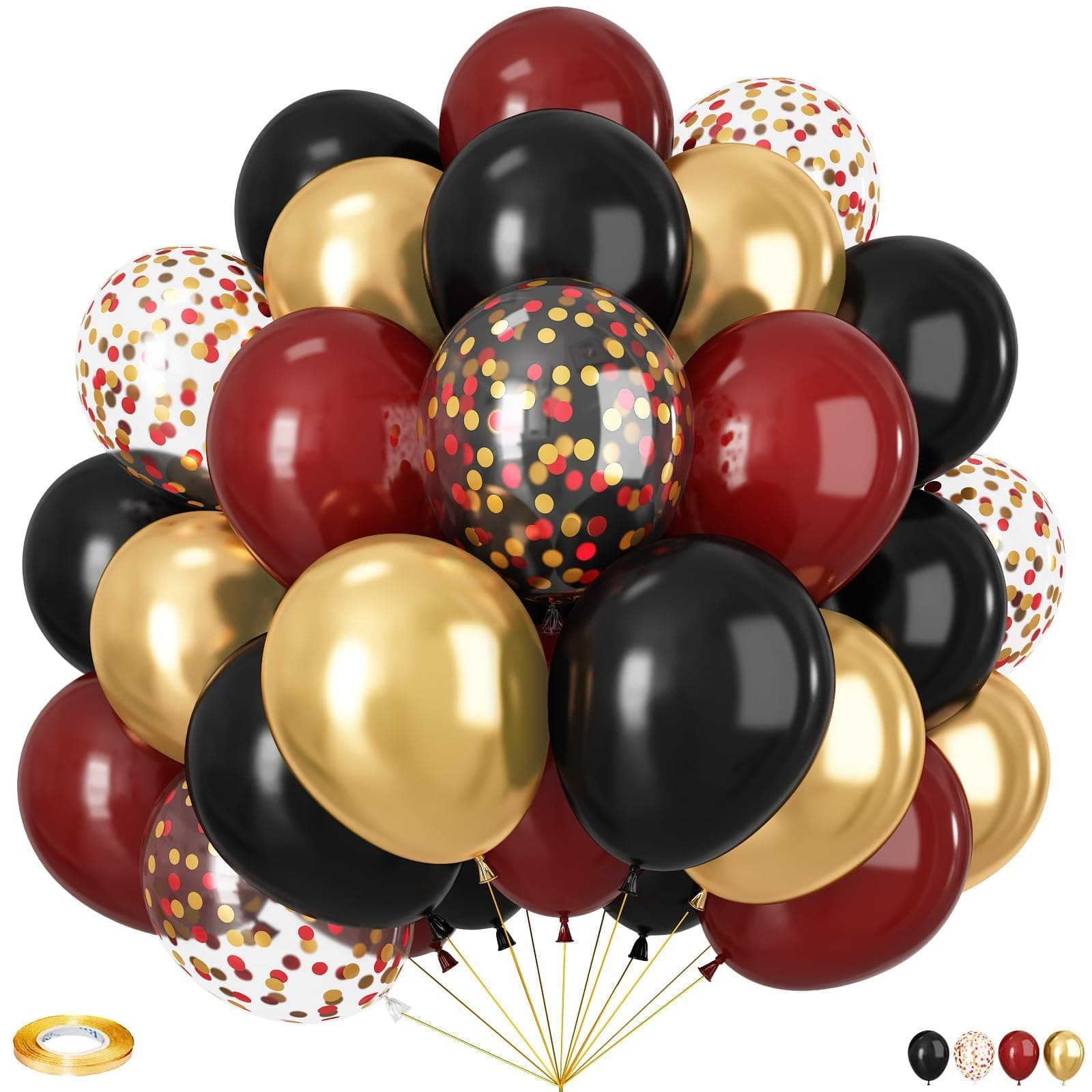 Black and Burgundy Balloons, 60pcs 12Inch Black Burgundy Gold Balloons,Metal Gold and Confetti Balloon for Graduation Kids Birthday Baby Shower New Year Magical Theme Party Decoration
