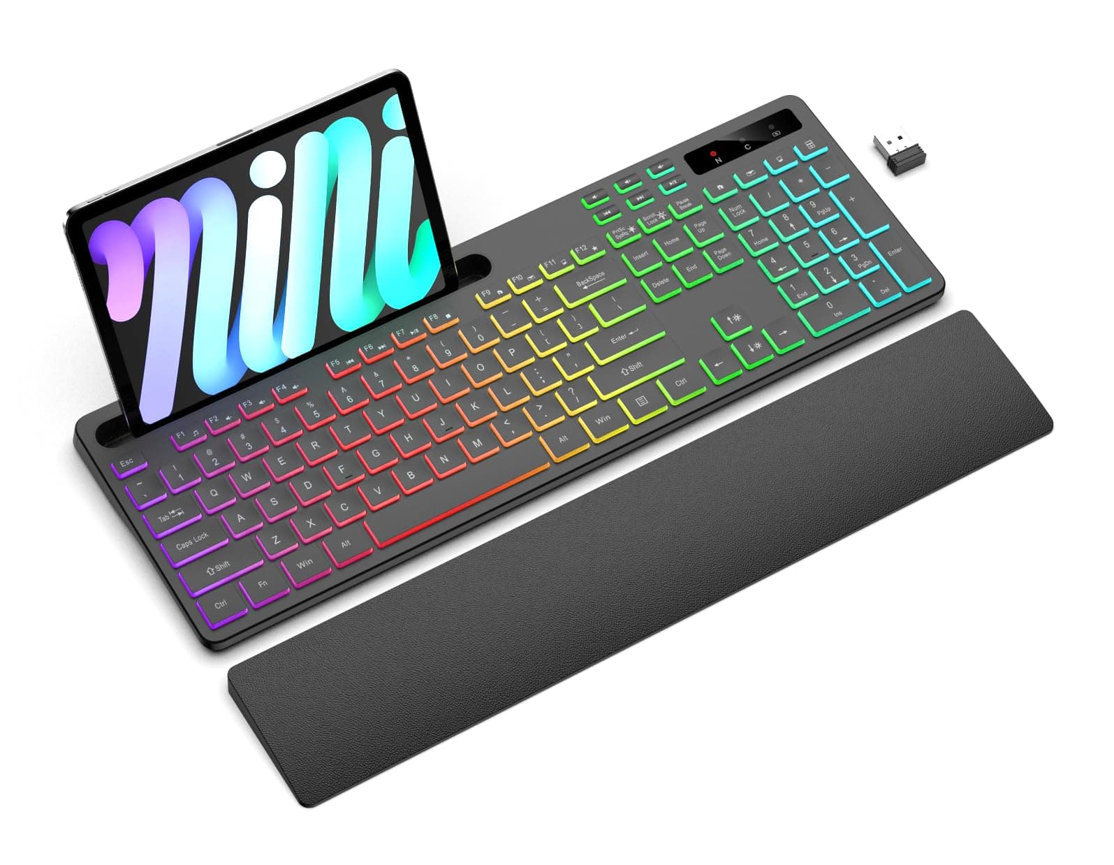 Soueto Wireless Keyboard with 7 Colors and 4 RGB Backlit Modes, Ergonomic Keyboard with Wrist Rest, Tablet Stand for Phone, 2.4G Illuminated Computer Keyboard with Keyboard