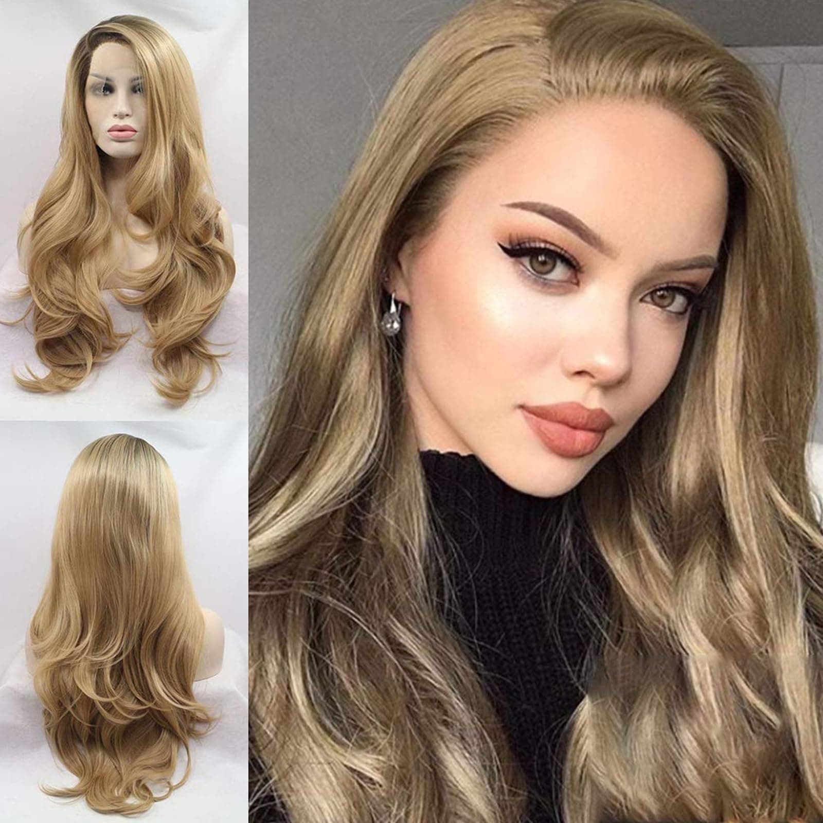 AFBeauty Honey Blonde Lace Front Wig Pre Plucked Natural Hairline Glueless Lace Frontal Wig Long Wavy Dark Blonde Ombre Wigs for Women Synthetic Heat Resistant Fiber Hair 24 Inch Daily Party Christmas