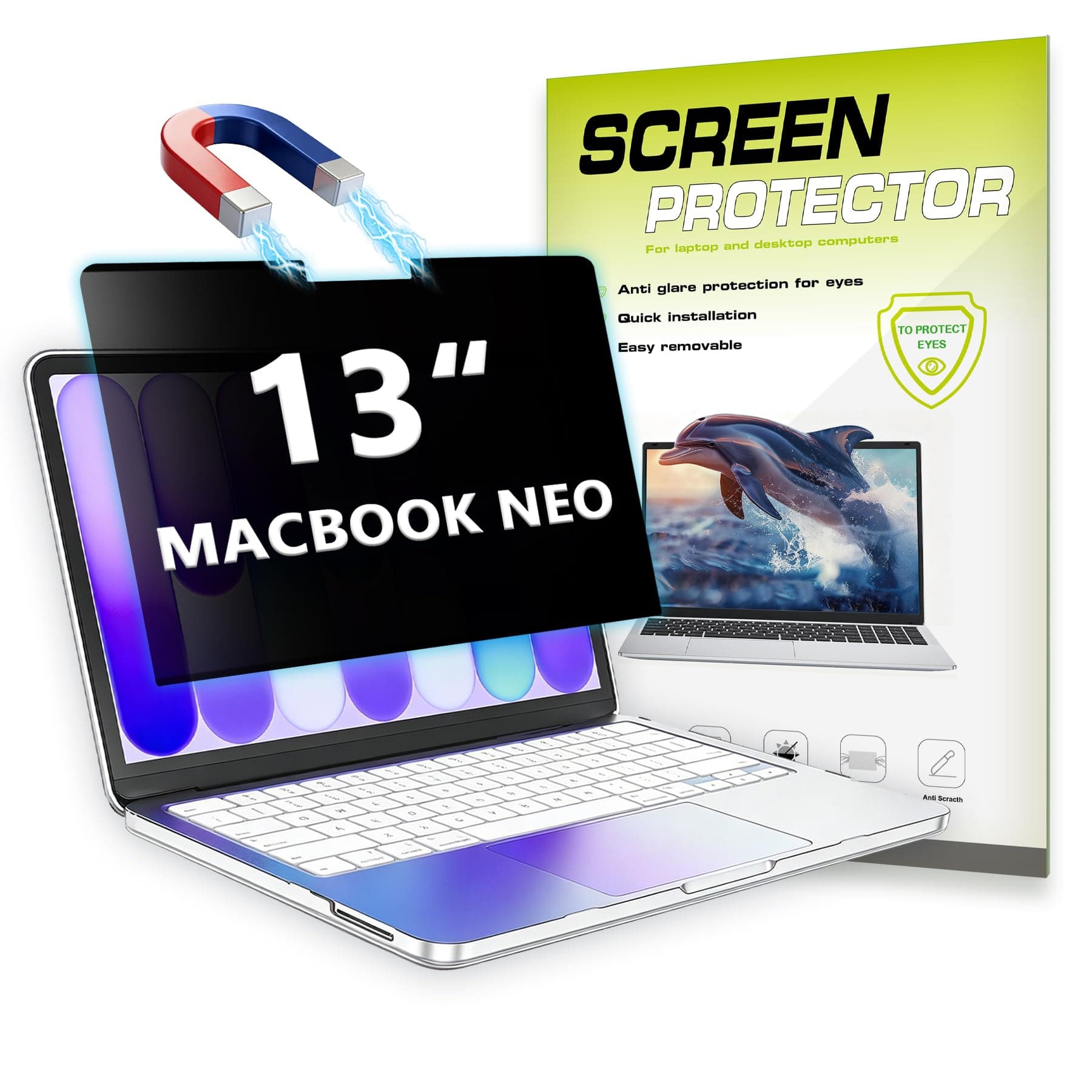 YongMai Removable Privacy Screen for MacBook Neo 13, Detachable Anti Spy Laptop Privacy Filter Shield, Anti Blue Light Anti Glare Screen Protector