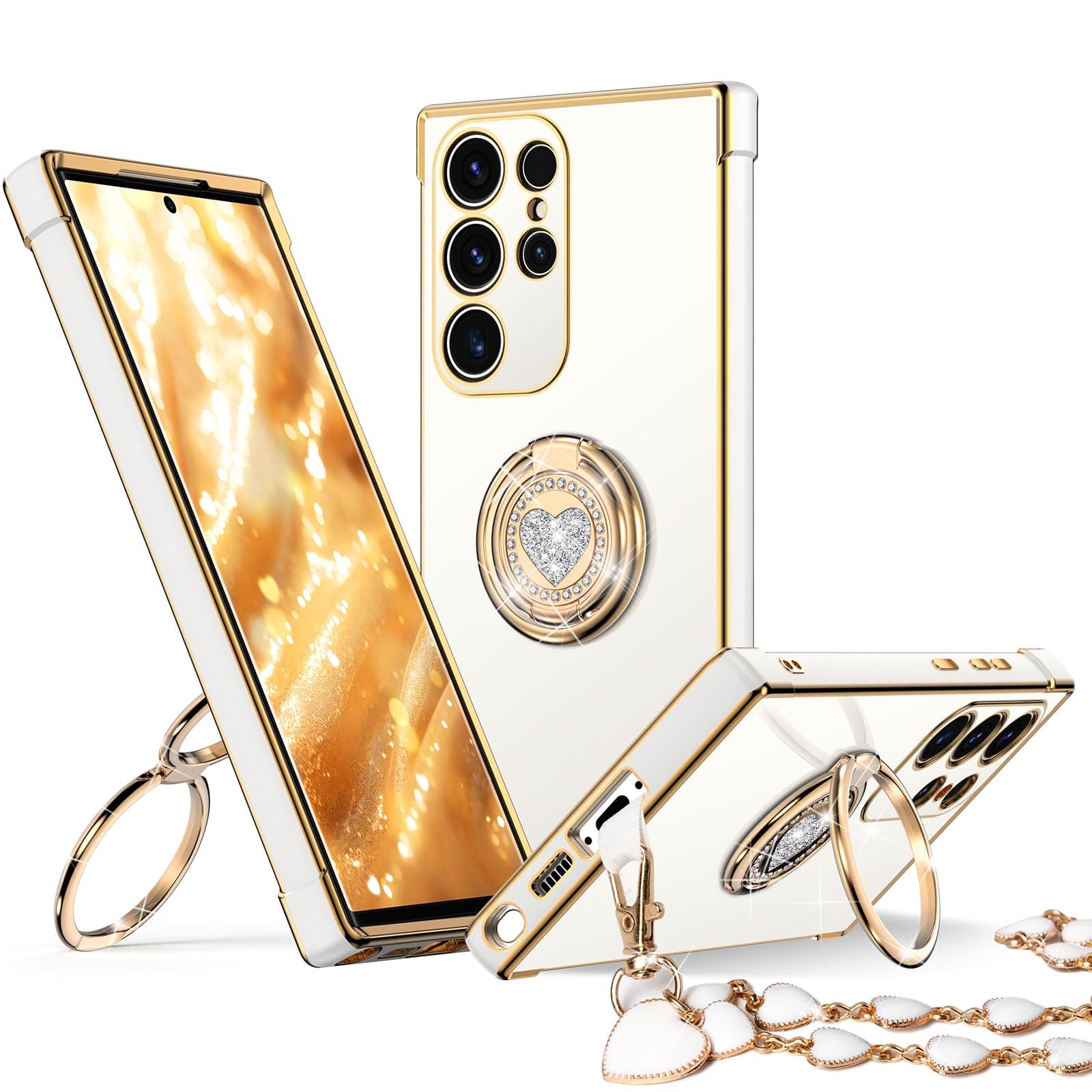 XYZ for Galaxy S23 Ultra Case with Stand, Samsung S23 Plus Case with Double Ring, Women Girls Bling Luxury Phone Case for Samsung Galaxy S23 Ultra, White