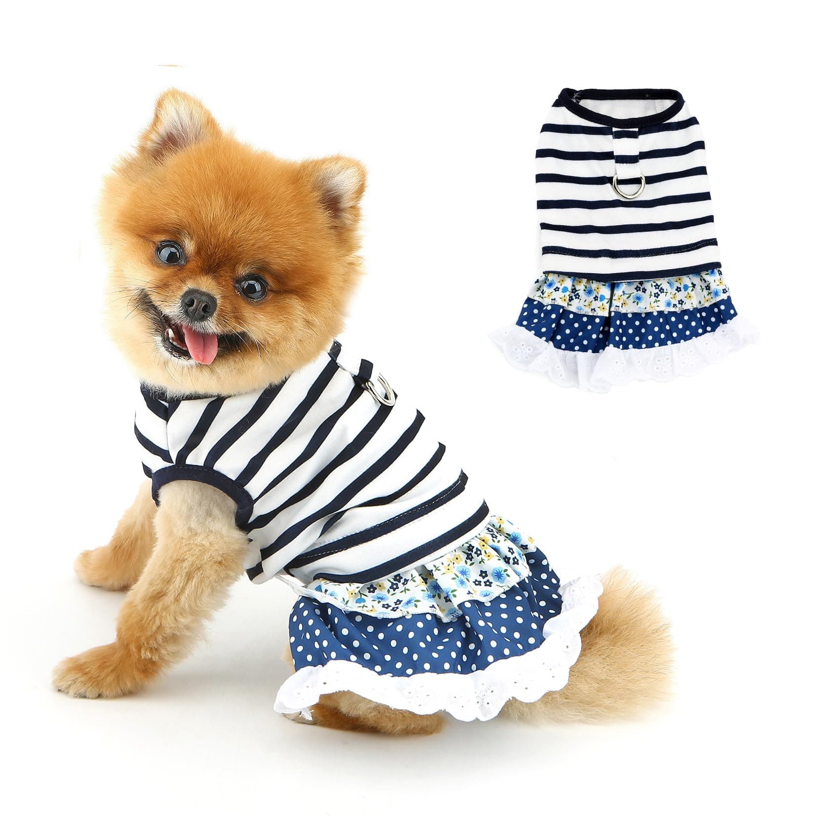 PAIDEFUL Cute Dog Dress for Small Dogs Female Striped Pets Princess Shirt Skirt with Polka Dot Pattern Lace Lightweight Breathable Doggie Summer Clothes Soft Puppy Outfits Cat Apparel D-Ring,Blue,XL