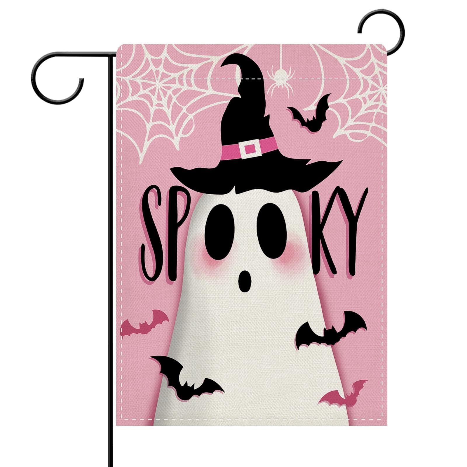 Dyrenson Halloween Spooky Cute Ghost Decorative Garden Flag, Pink Bat Spider Web Yard Outside Home Decoration, Funny Burlap Outdoor Small Decor Double Sided 12 x 18