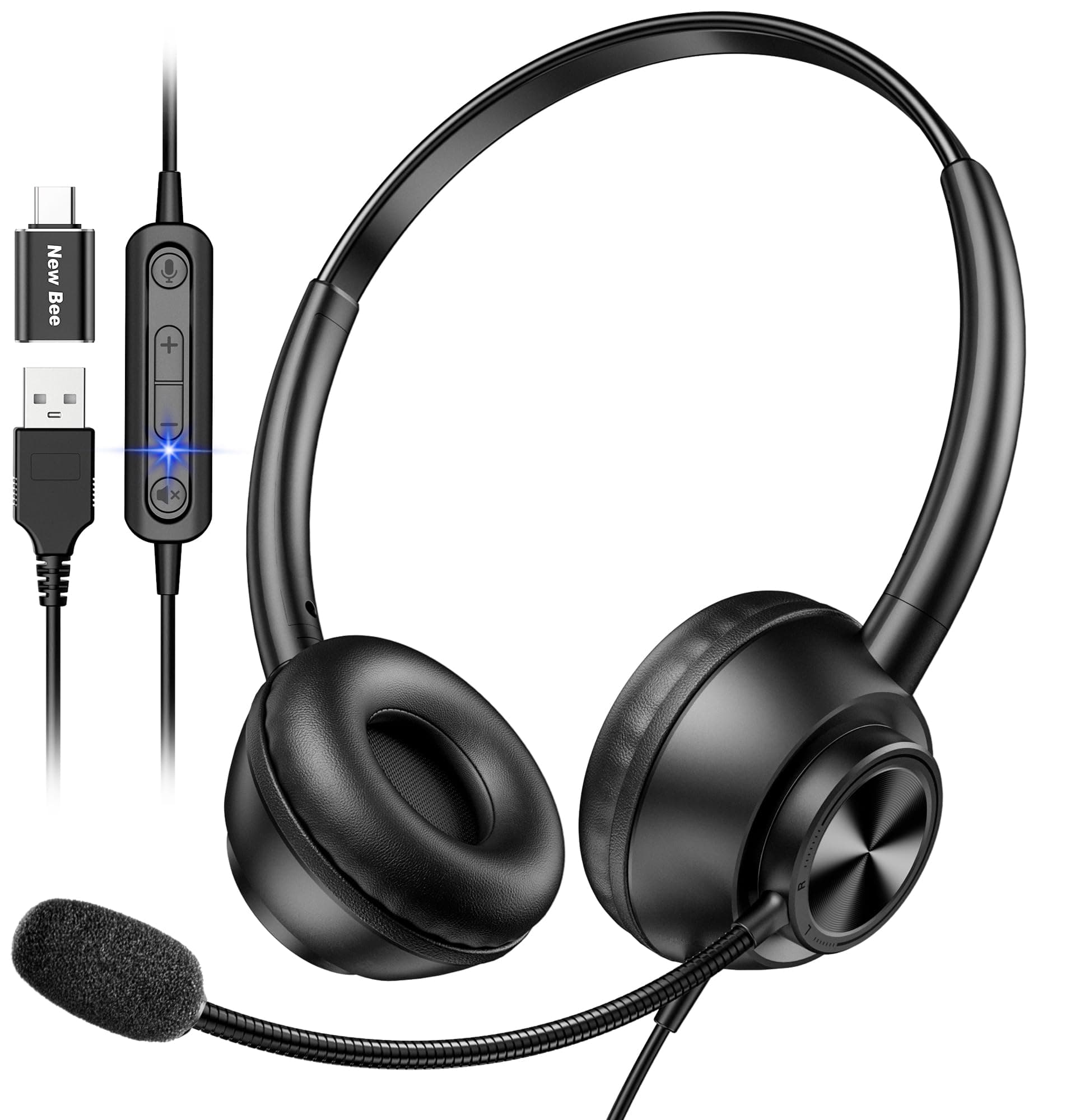 New bee USB Headset with Microphone, Computer Headset with Microphone, Wired Headset with USB-A & USB-C, Mute, in-Line Controls Office Headphone for Work PC Laptop Phone Meeting Zoom Call Center