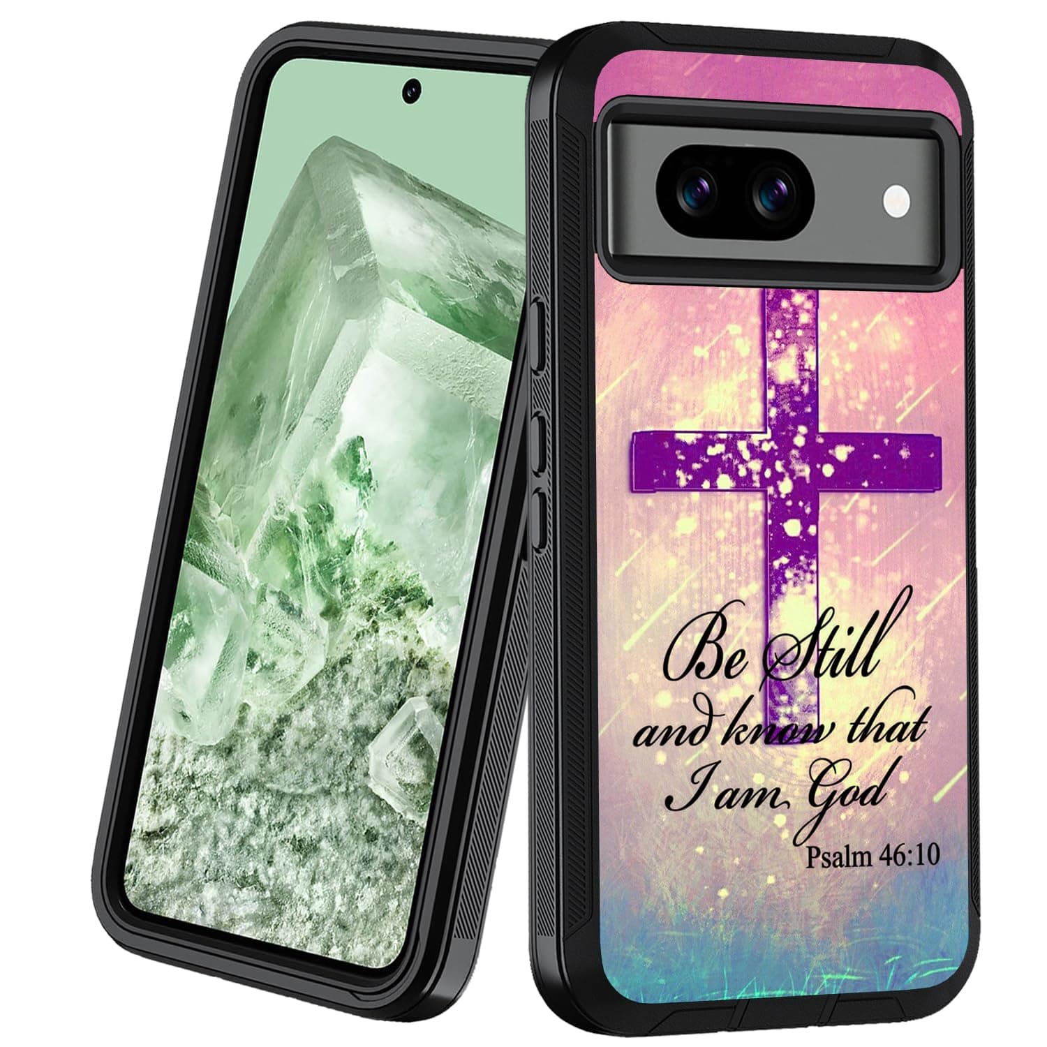BXIKEOPIU Designed for Google Pixel 8a Phone Case, Heavy Duty 3-Layer Shockproof Dust/Drop Proof Full-Body Rugged Protective Cover for Google Pixel 8a (2024), Christian Cross Bible Verse Psalm 46:10
