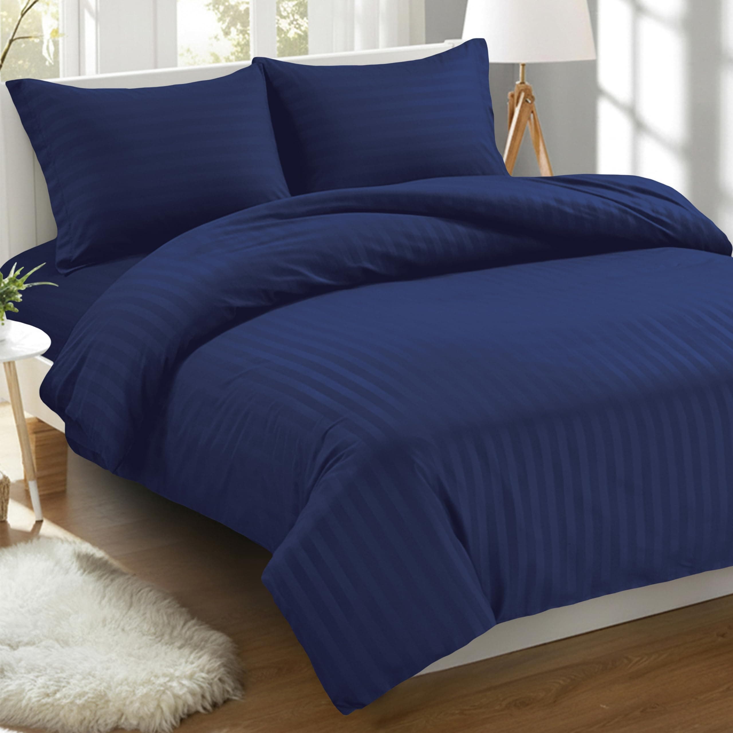 Elegant Comfort Best, Softest, Coziest 3-Piece Duvet Cover Sets! - 1500 Premier Hotel Quality Luxurious Wrinkle Resistant 3-Piece Damask Stripe Duvet Cover Set, Full/Queen, Navy Blue