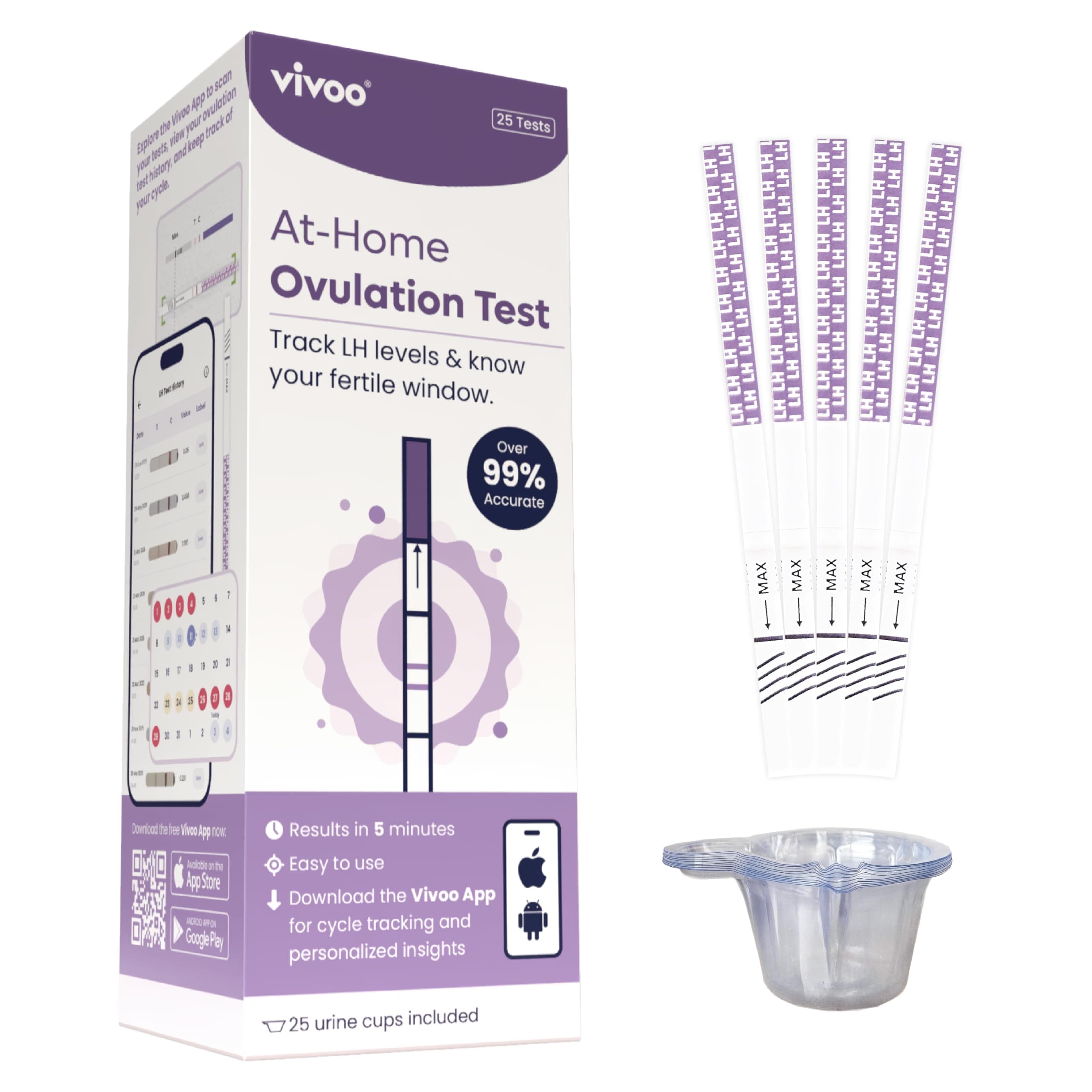 Vivoo Ovulation Test: Track Your Cycle and Test Results with Vivoo App, Includes 25 Individually Wrapped Ovulation (LH) Tests, with 25 Cups