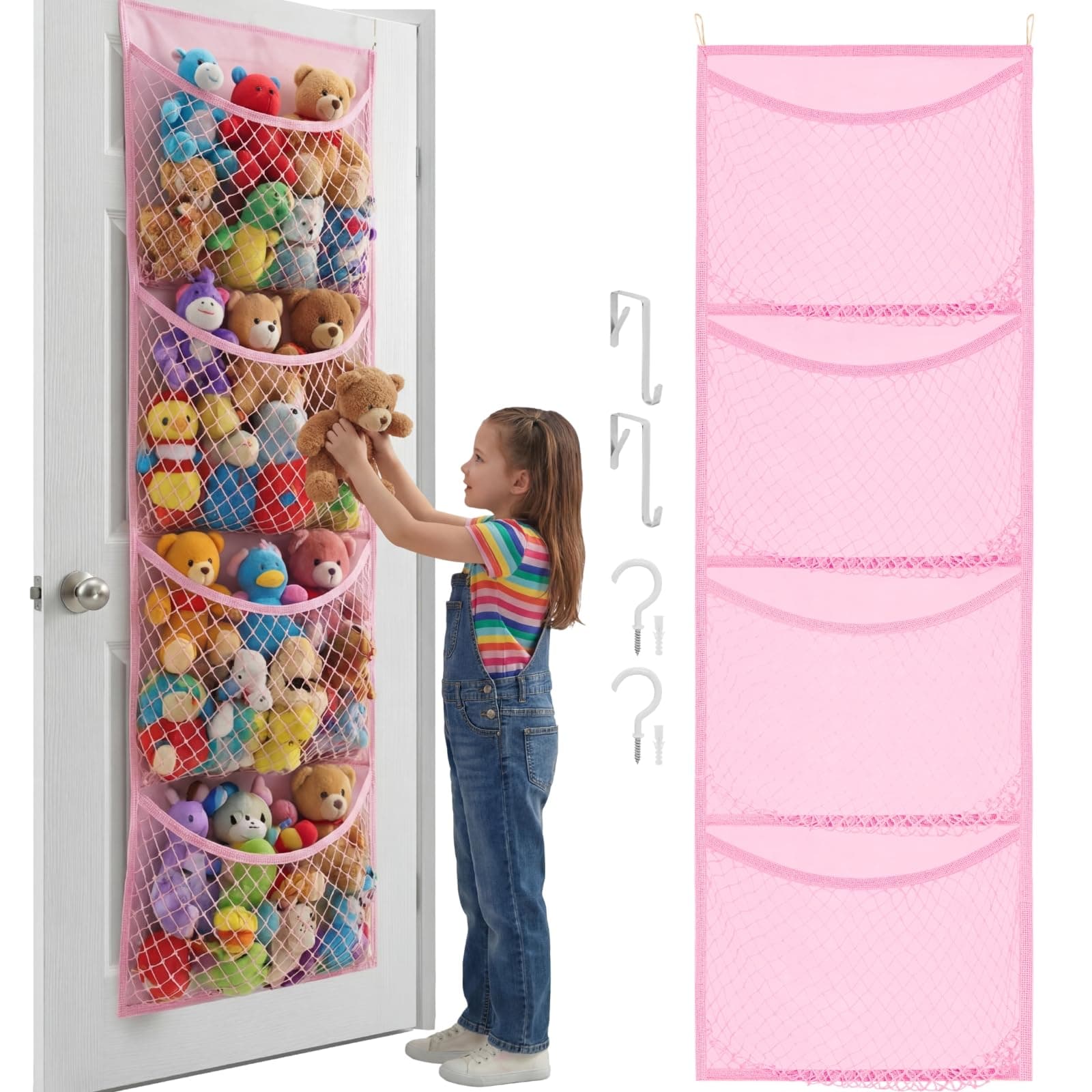 Over The Door Stuffed Animal Storage, Cotton Toy Organizer for Storage Plush Toys,Baby Supplies, Stuffed Animal Holder with 4 Large Pockets, Hanging Door Organizer for Nursery, Bedroom (Pink)