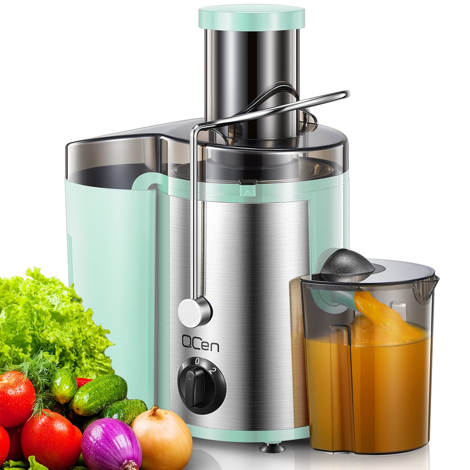 QCen Juicer Machine 500W Centrifugal Juicer with Extra Wide Feed Chute