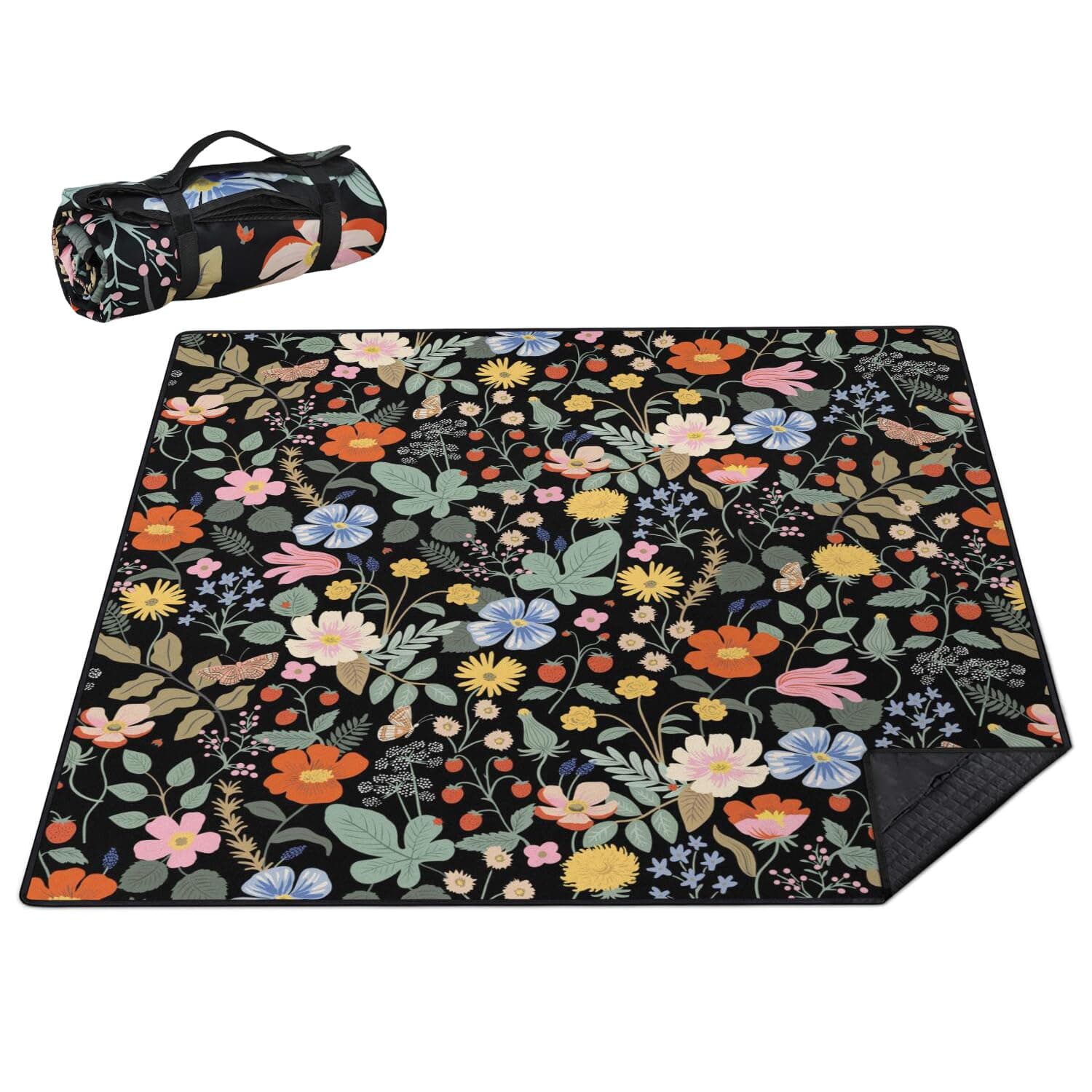 QDJGSDDGM Picnic Blankets Waterproof Foldable Extra Large,80"x 80" Outdoor Beach Blanket Sandproof,3-Layer Lightweight Handy Mat Tote Picnic Camping Rugs for Outside Your Rv (Strawberry Floral)