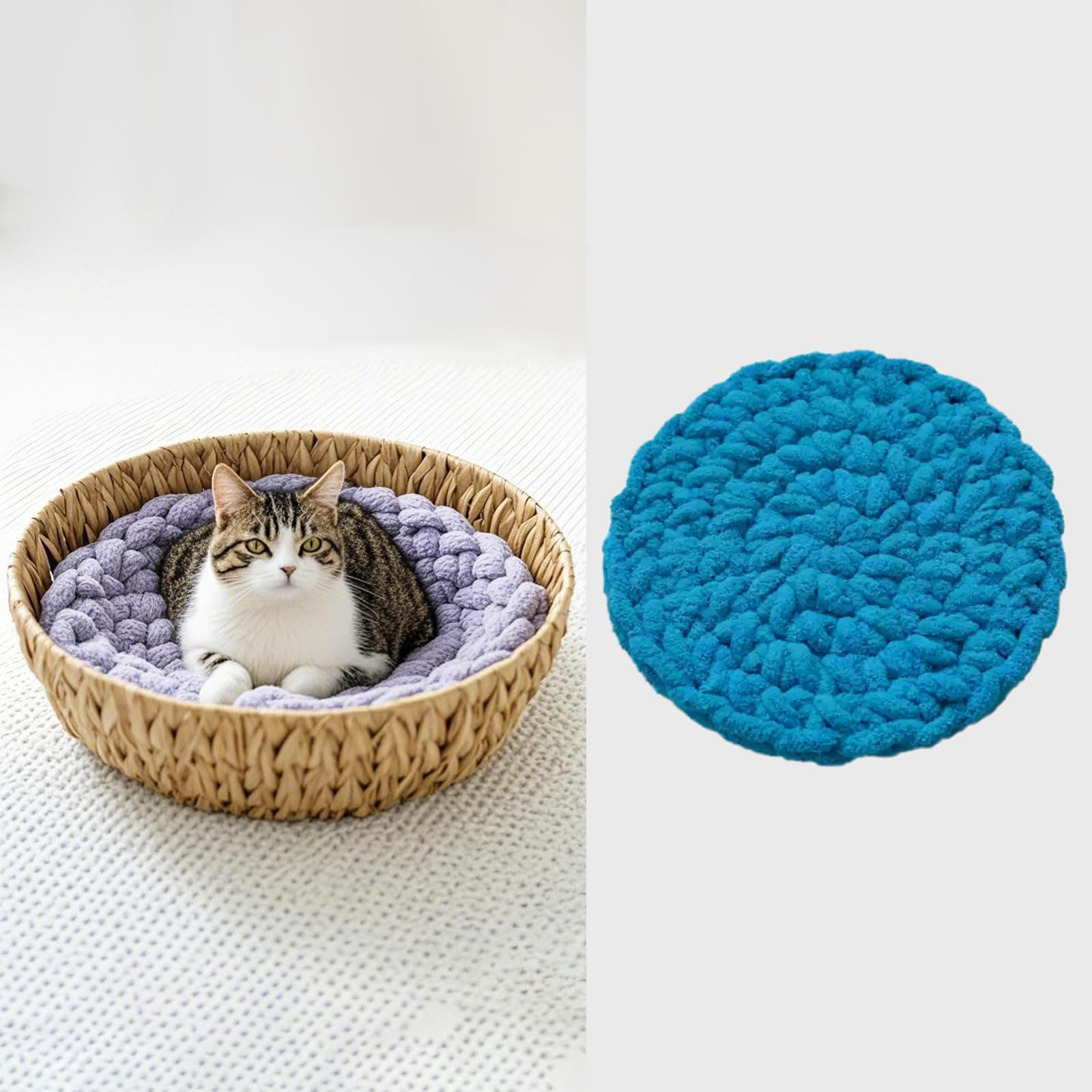 MANON ROSA Cat Cushion Handmade Crochet Round Soft Non-Slip Mat for Indoor Cats Kittens, Cozy Kneading Pad for Cat Tree, Bed, Crate & More (Bright Blue,15.7in)
