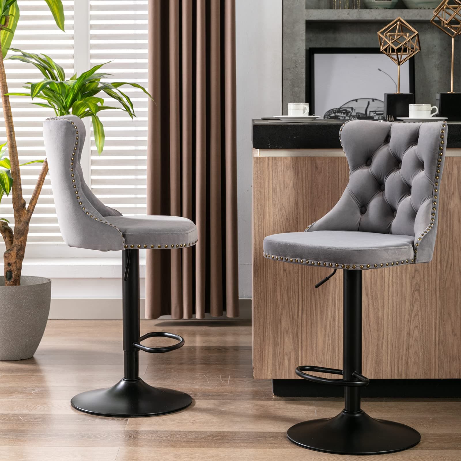 MZDOO Grey Bar Stools Set of 2, Adjustable Upholstered Counter Height Barstools with Back and Black Footrest, Modern Velvet Swivel Barstools for Kitchen Counter, Grey