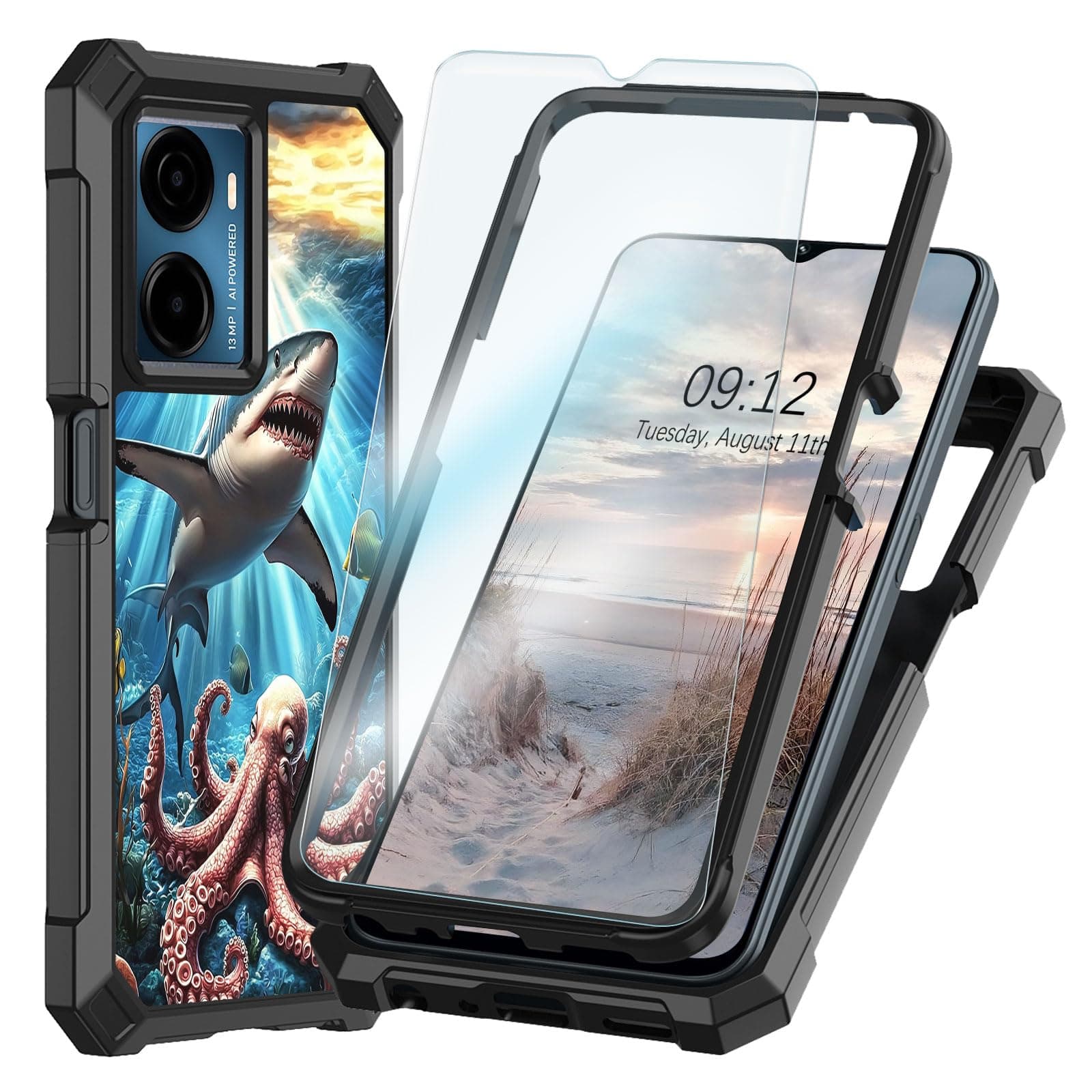 Qindaiwen Compatible for Cricket Magic 2 5G 2024 and AT&T Propel 2 5G Case With Screen Protector, Heavy Duty Shockproof Dual Layer Structure Protective Cover, Silicone TPU, Shark Octopus