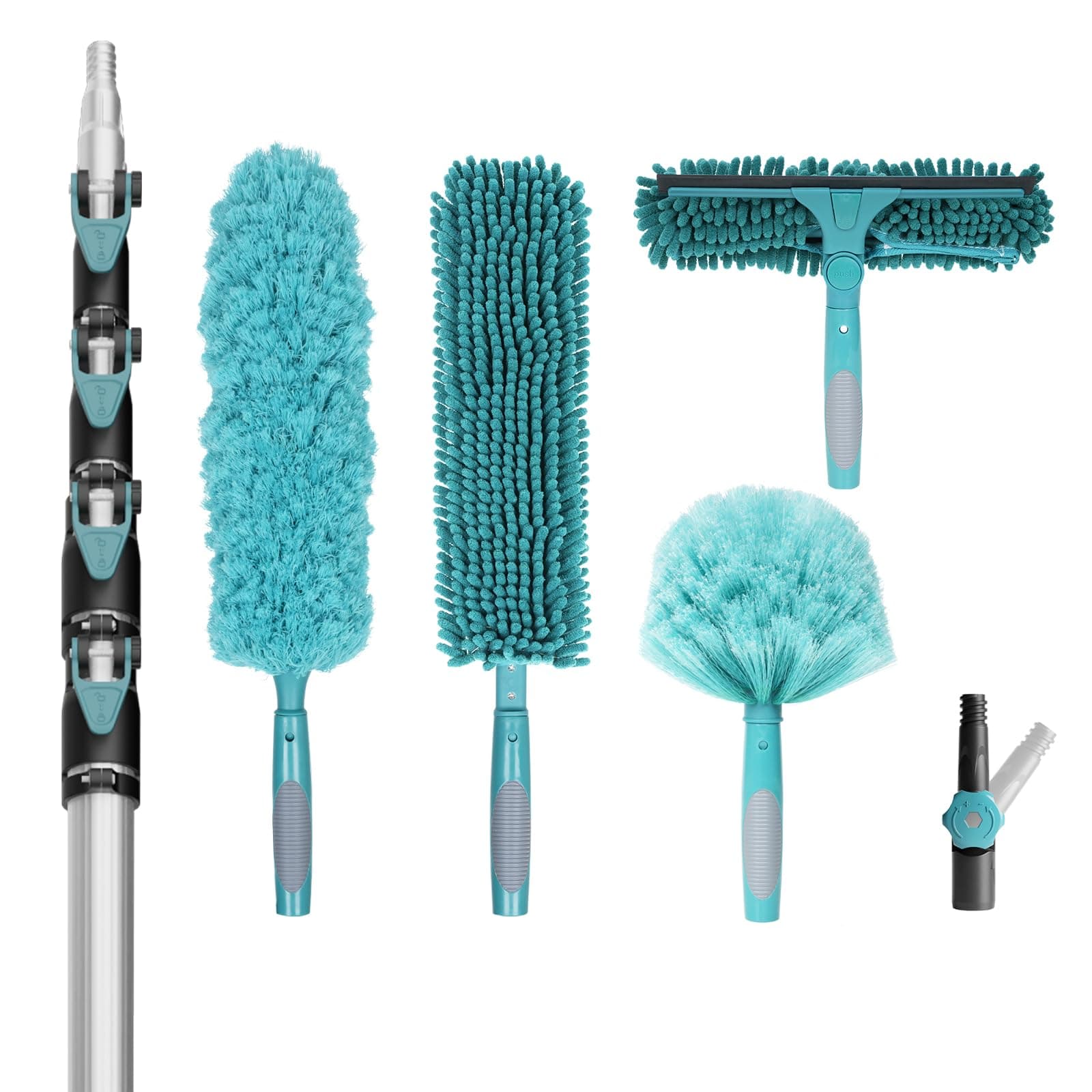 TelesPro 30 Foot High Reach Duster Kit with 6-24FT Extension Pole High Ceiling Dusting and Window Cleaning Kit with Telescopic Pole Window Washer&Squeegee,Cobweb Duster,Fan Duster and Feather Duster
