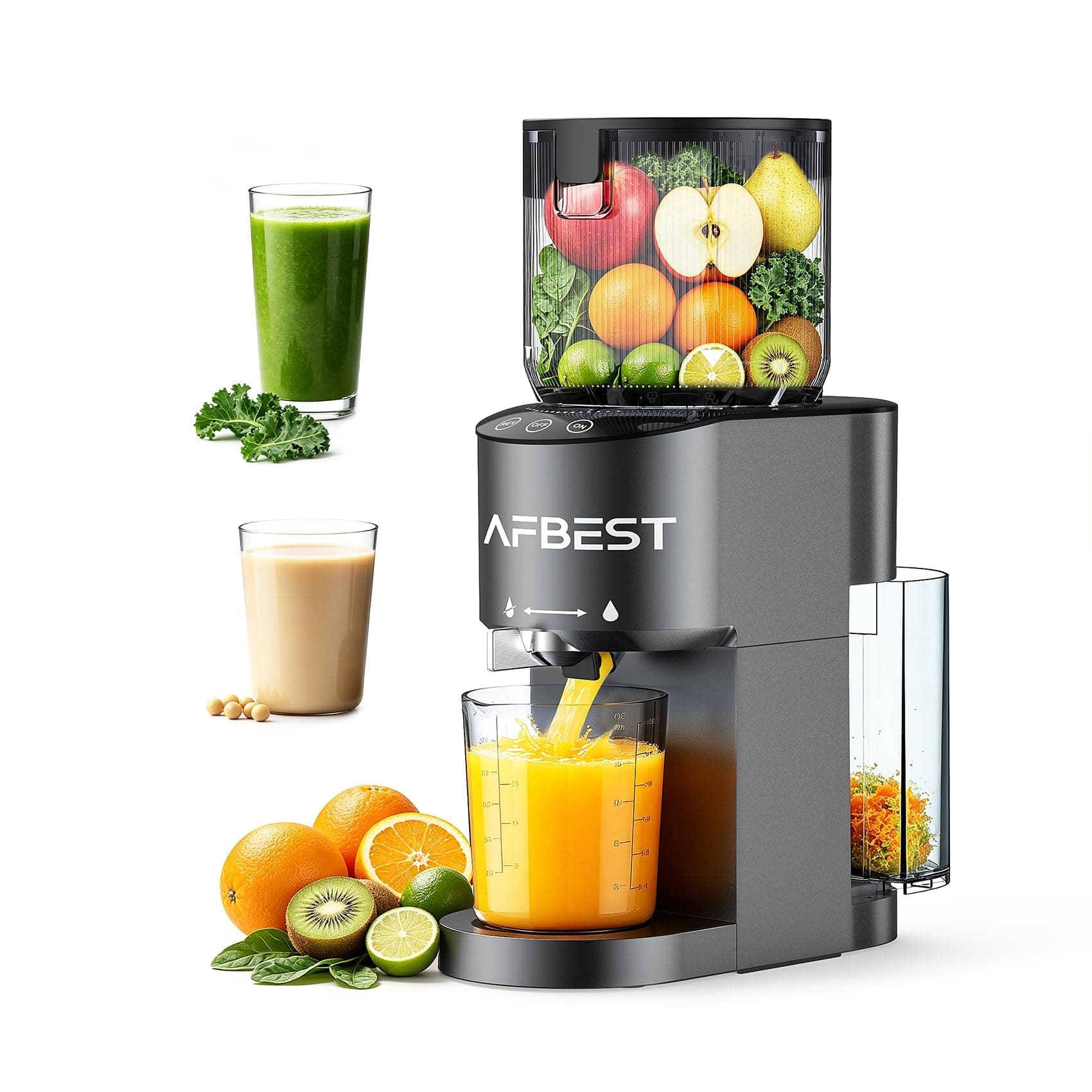 AFBEST Juicer Machines with 5.8" Large Chute, 3-in-1 Cold Press Juicer for Whole Vegetables Fruits Making Nut Milk, 100oz Capacity Masticating juicer for Daily Wellness, Easy to Clean, Premium Gray