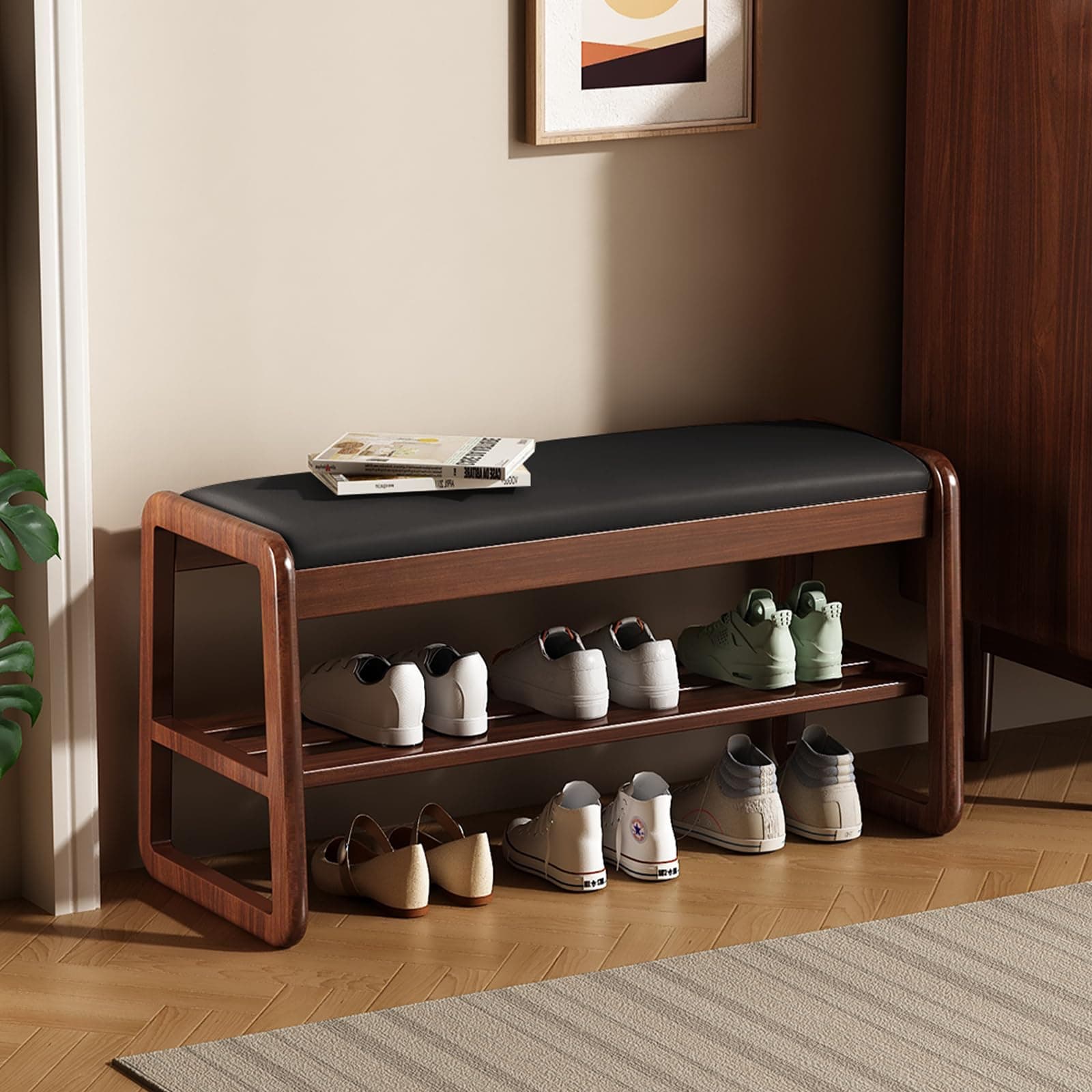 HOOTSMALL Wooden Shoe Storage Bench with Cushion, 2-Tier Wooden Rack, Walnut Brown and Black (39.4'')