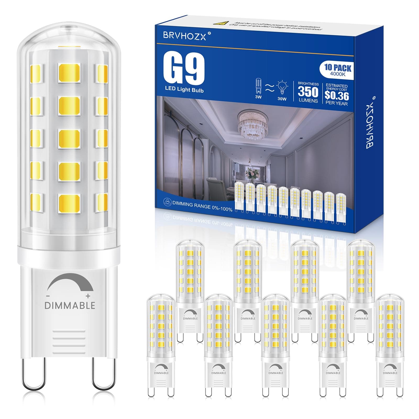 G9 LED Light Bulbs Dimmable, 4000K Neutral White, 3W (30W-40W Halogen Equivalent) 350LM, Ceramic Base, No Flicker, AC 120V JCD Type T4 Bi-Pin LED Lamps for Office & Kitchen, 10-Pack