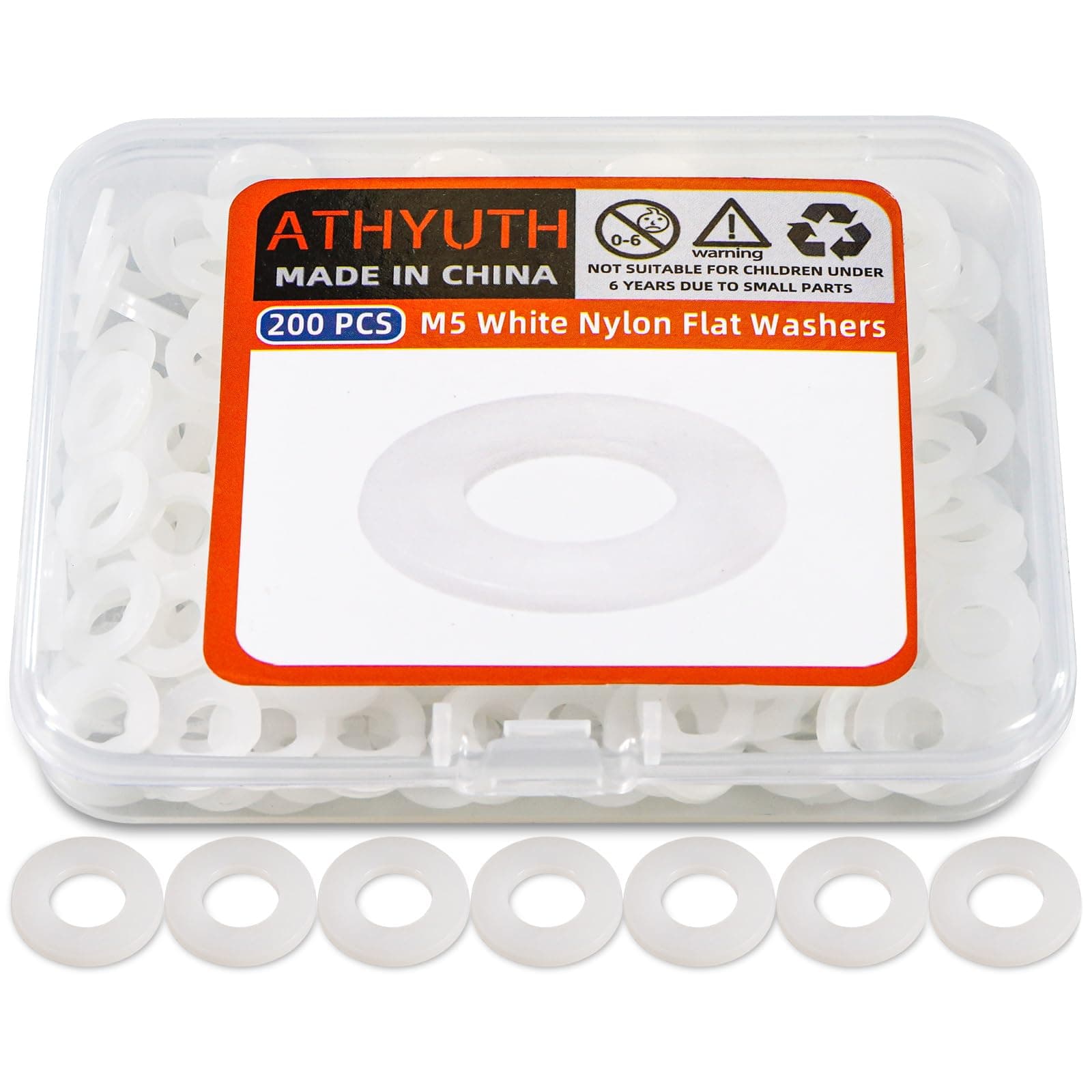 M5 White Nylon Washers, 5mm ID, 10mm OD, 1mm Thickness, Plastic Flat Round Washers, 200 Pieces Nylon Washer Hardware Set