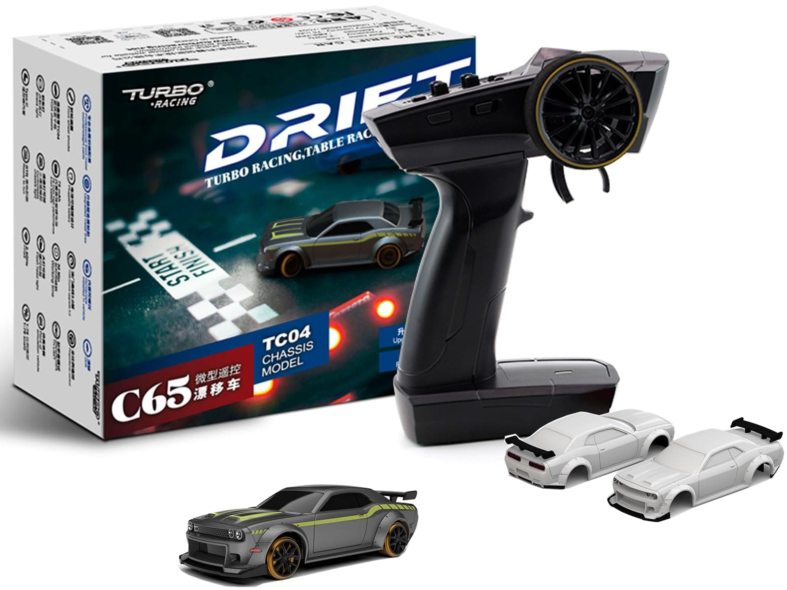 FLYCOLOR Turbo Racing 1:76 Scale Drift RC Car with Gyro Mini Full Proportional RTR 2.4GHz Remote Control with 2 Interchangeable Body Shells (C65 Grey)