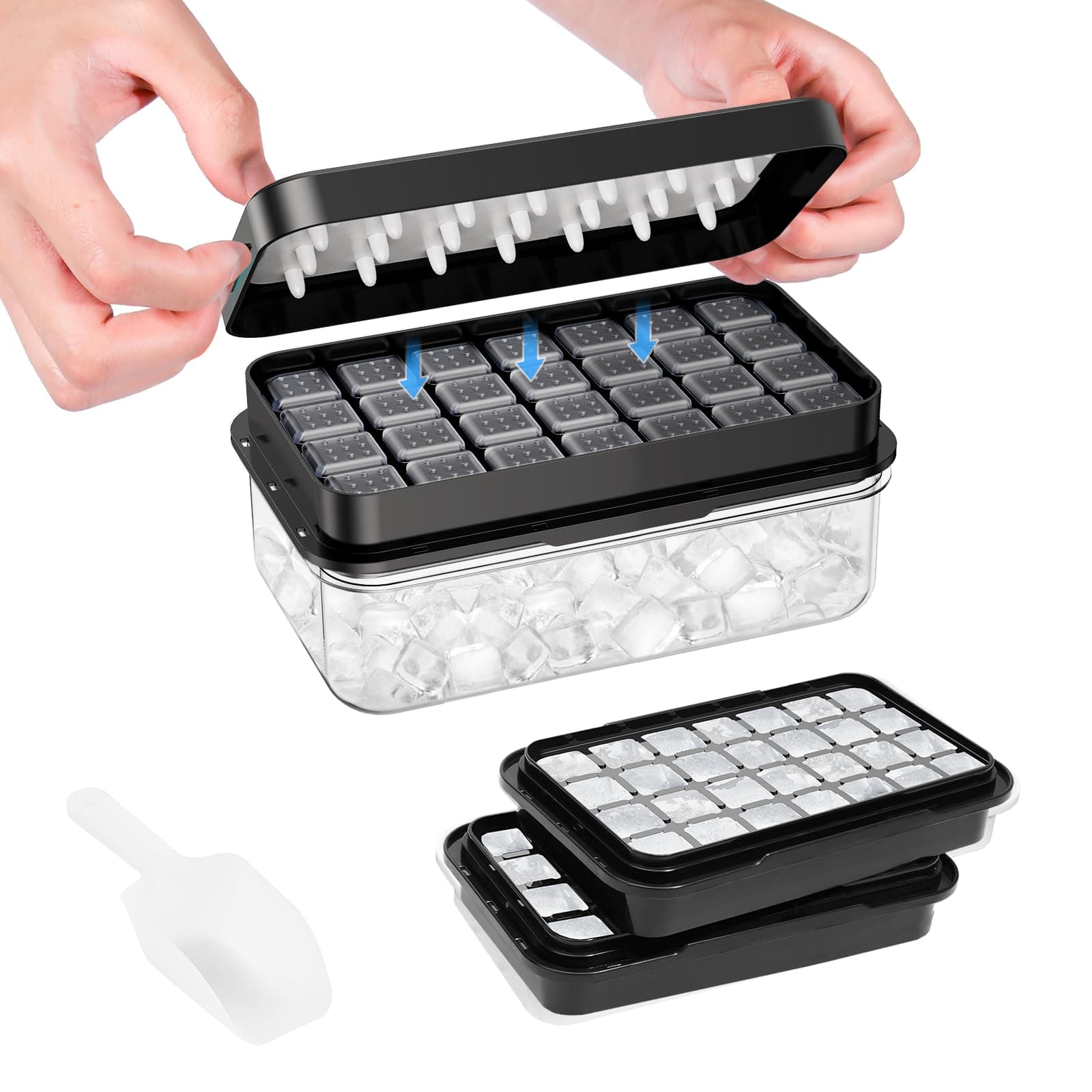 PHINOX Ice Cube Tray with Lid and Bin, Easy Release 56 Cubes for Freezer