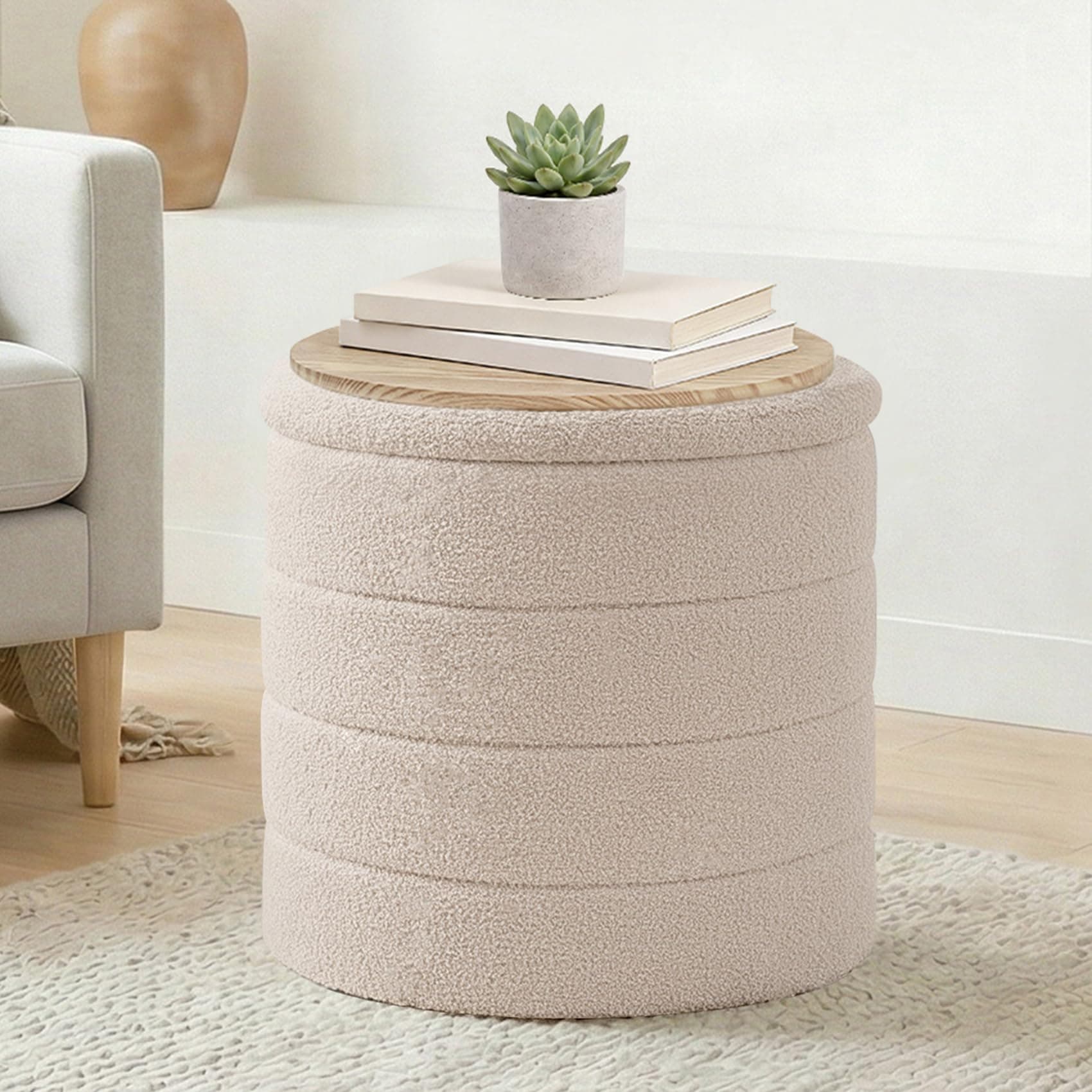 CAIPINFUL Round Ottoman with Storage, Boucle Ottoman Coffee Table, Foot Rest Footstool for Hallway, Living Room, Bedroom-Beige