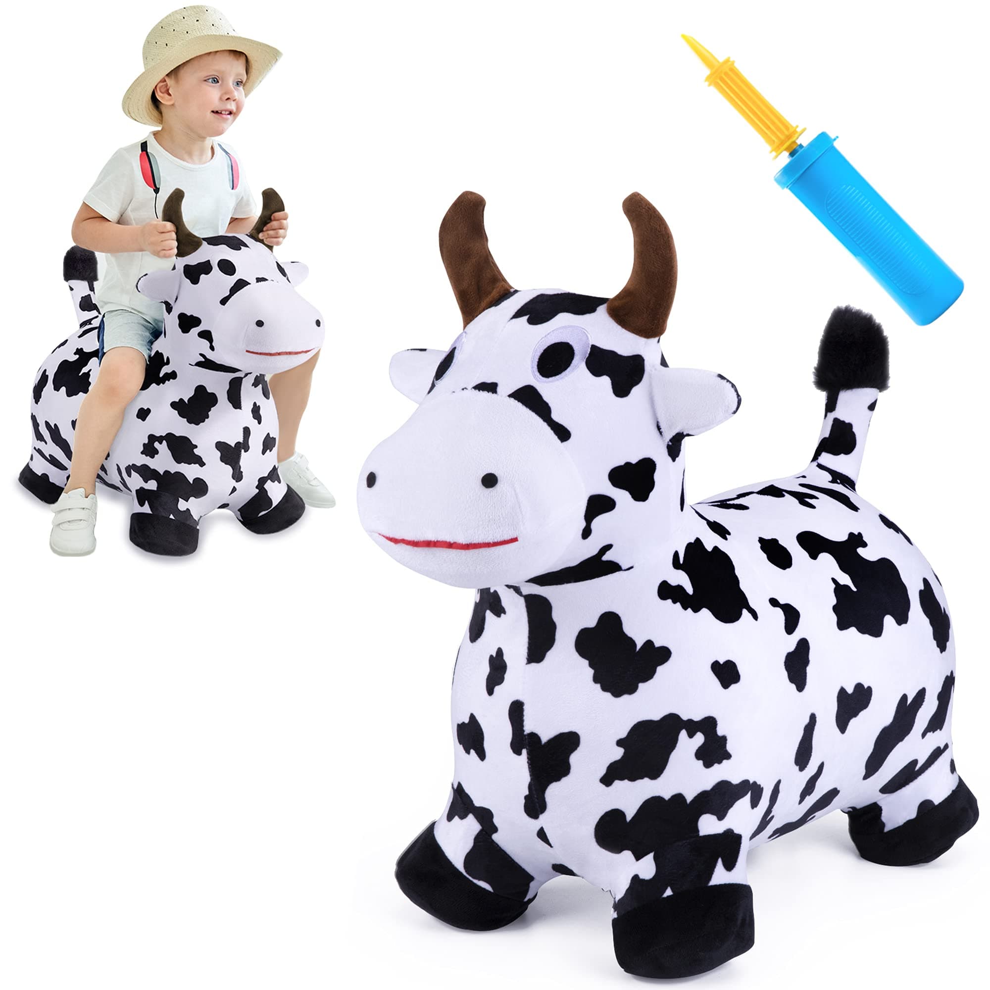 iPlay, iLearn Bouncy Pals Cow Hopping Horse, Inflatable Ride on Toy with Plush Cover and Pump, Outdoor Indoor Play Activities Gift for 18 Month 2 3 4 5 Year Old Kid Toddler Boy Girl