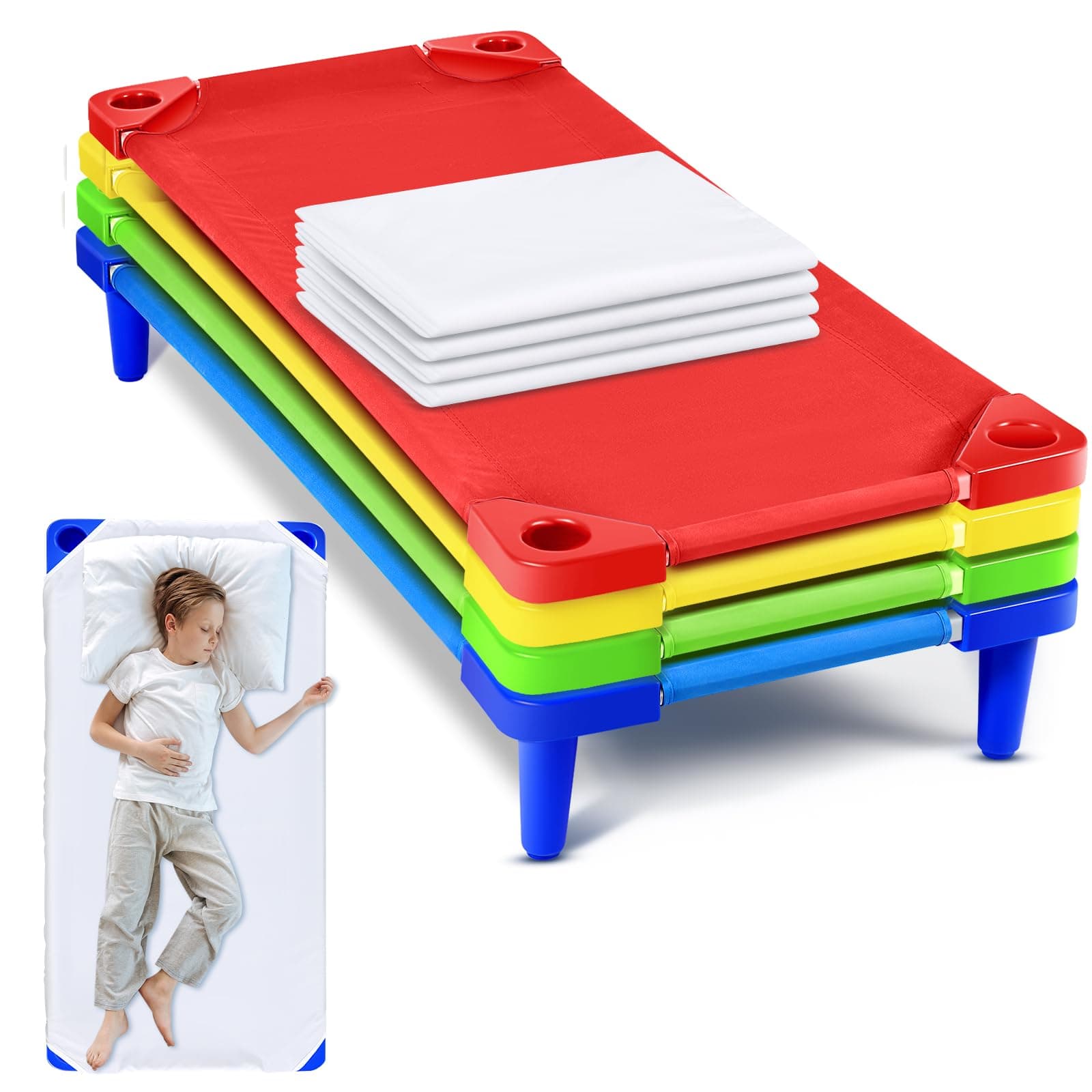 Burbell 8 Pcs Stackable Daycare Cots for Kids with Sheets 54" l x 23" W T Kids Cots Furniture Bed Frames Headboards Footboards for Sleeping and Daycare (Multicolor)