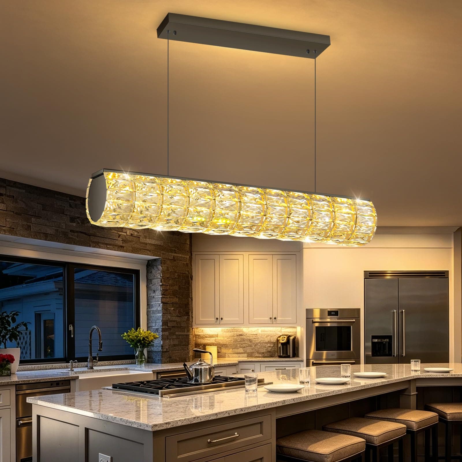 AFQEJG 32'' Crystal Chandelier Modern Linear Chandeliers LED Dimmable Ceiling Fixtures Contemporary Luxury Pendant for Dining Room Bedroom Living Room Black