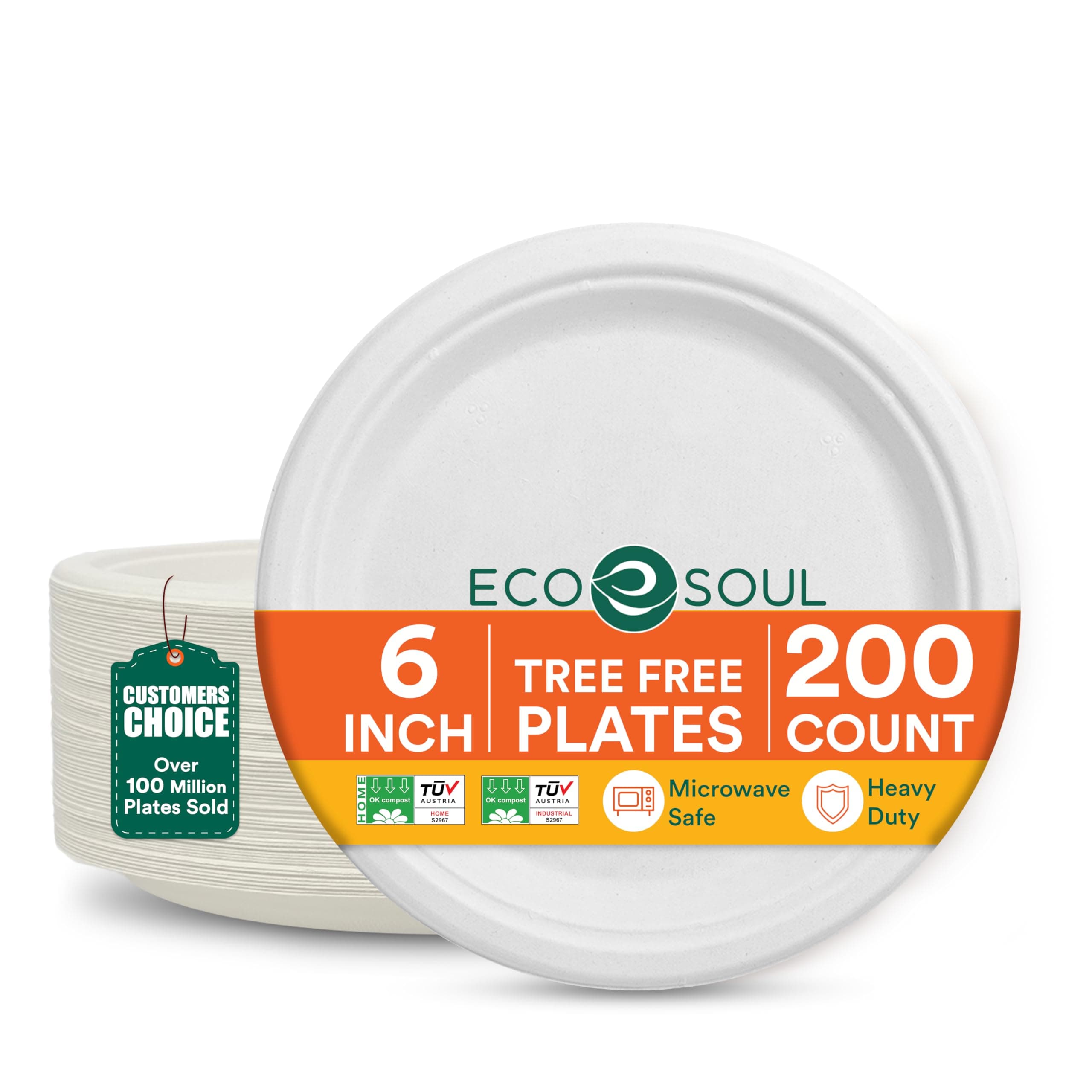 ECO SOUL 6 Inch Disposable Bagasse Paper Plates (200 Pack, Round)