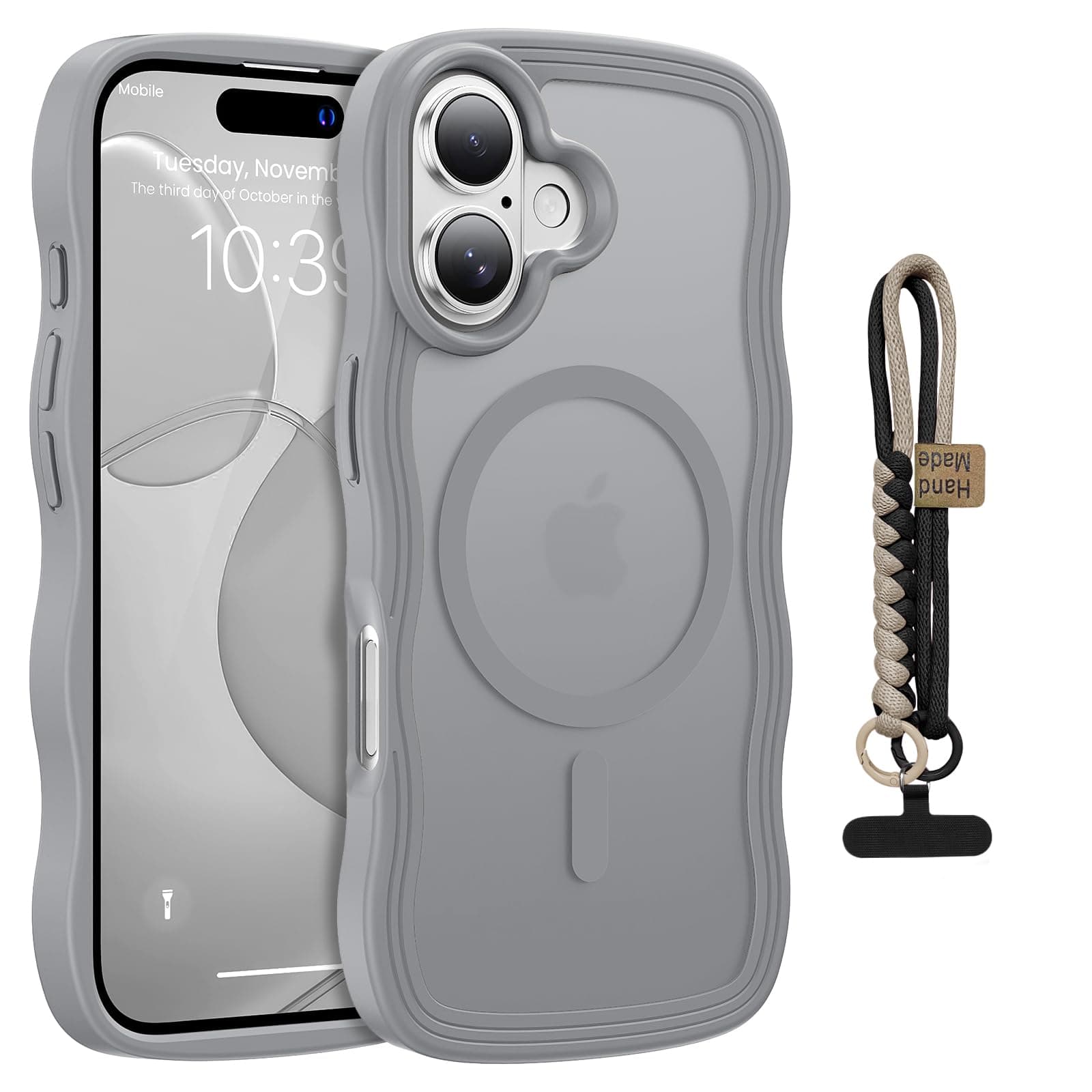 Leriufa for iPhone 17 Case Cute Wavy Gray, Color-Matched Lanyard