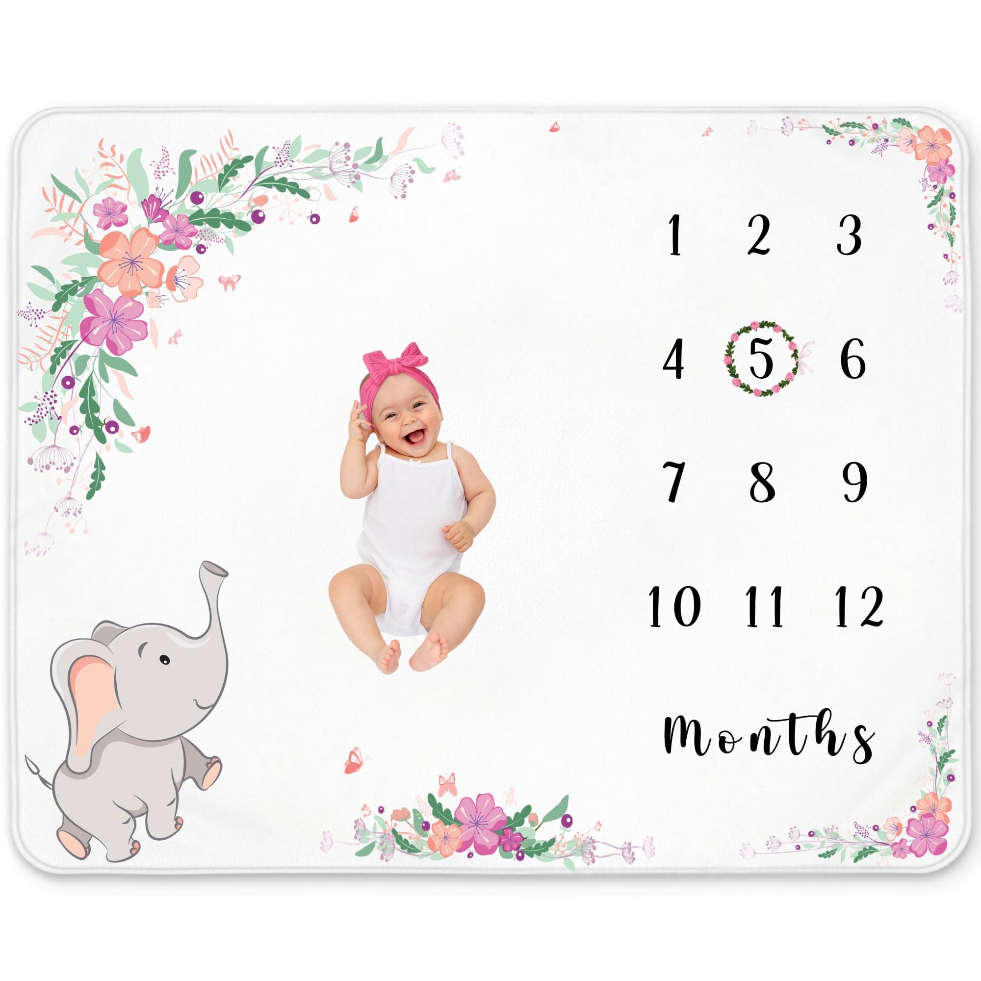 KEMINA BLANKETS Baby Monthly Milestone Blanket for Baby Girl – Elephant Month Blanket for Girl – Floral Wreath & Headband and Personalized Board Included –Girl Nursery Decor Growth Chart Blanket