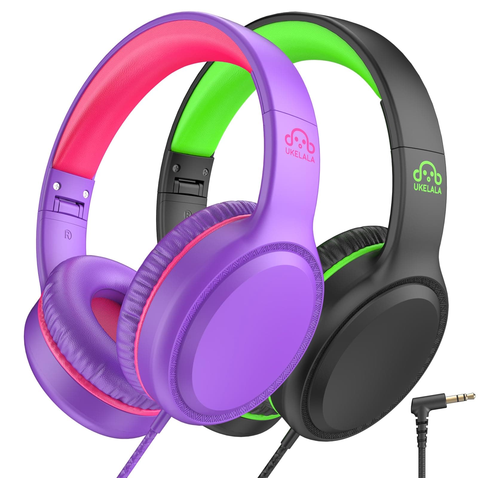 UKELALA U2 2 Pcs Wired Headphones for Kids Boys Girls, On Ear Youth Headphones for School Airplane Travel, Lightweight Portable Compatible with Tablet Computer Laptop for Adults Student Green & Purple