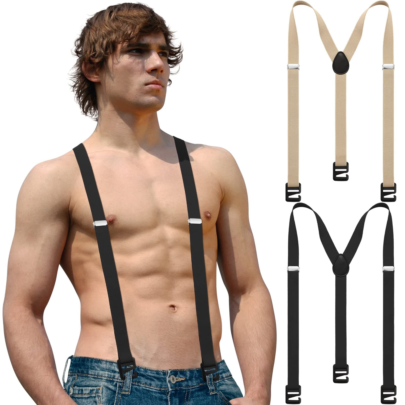 2 Pcs Hidden Suspenders for Men Heavy Duty Under Clothes Hiking Undergarment Suspender for Untucked Men Hiking Outdoor(Black, Khaki,49in-XL)
